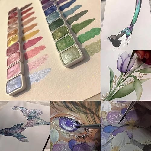Miniatura 10 de Juego de pintura de acuarela de 12 colores, suministros de dibujo, juego de pinturas de acuarela metálicas brillantes, kit de pintura colorida