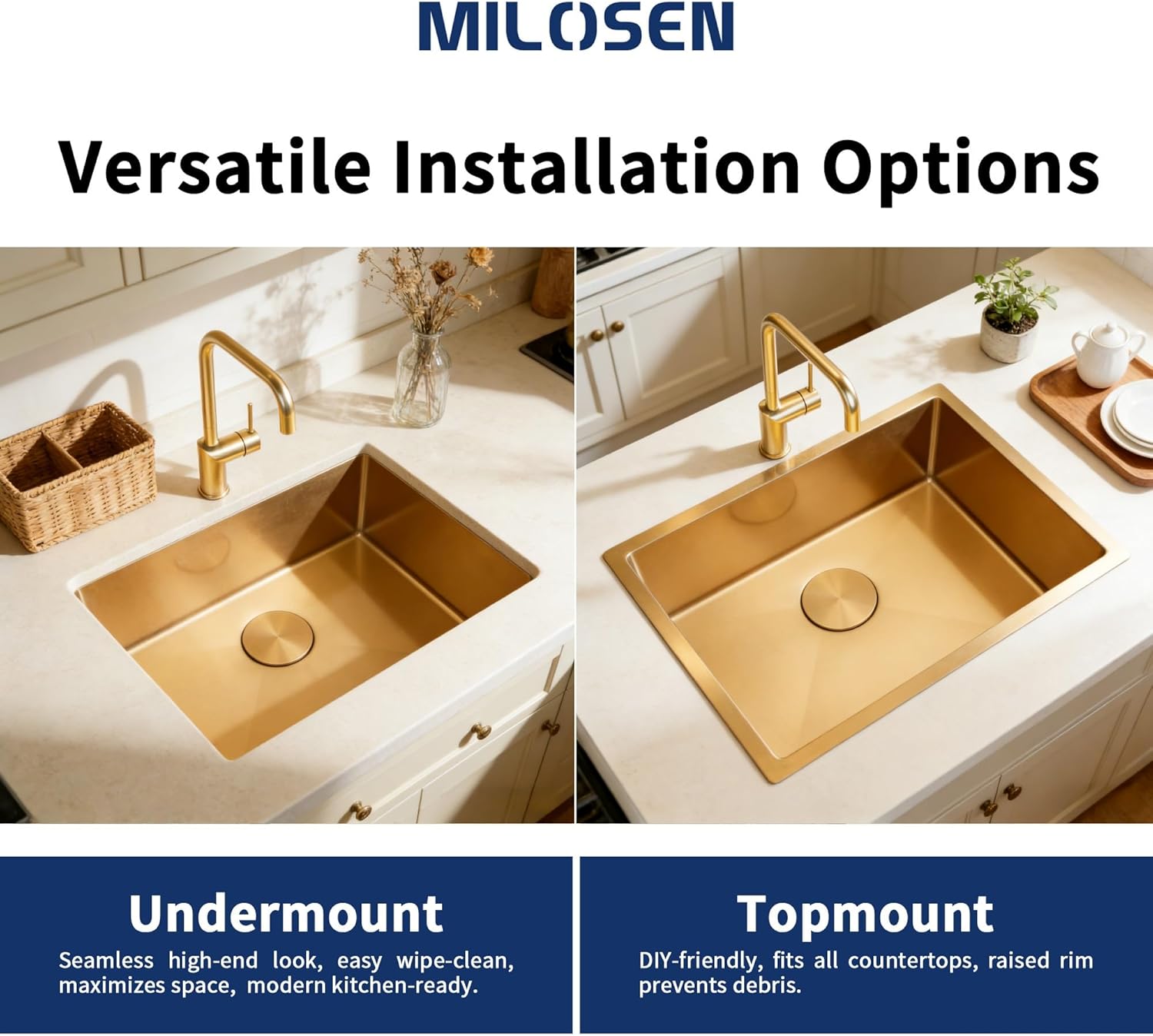 MILOSEN Gold Kitchen Sink, 23x18 inch Gold Undermount Kitchen Sinks, 16 Gauge T304 Stainless Steel Laundry Sinks with Custom Accessories, Deep Single Bowl Utility Sink with Bottom Grid