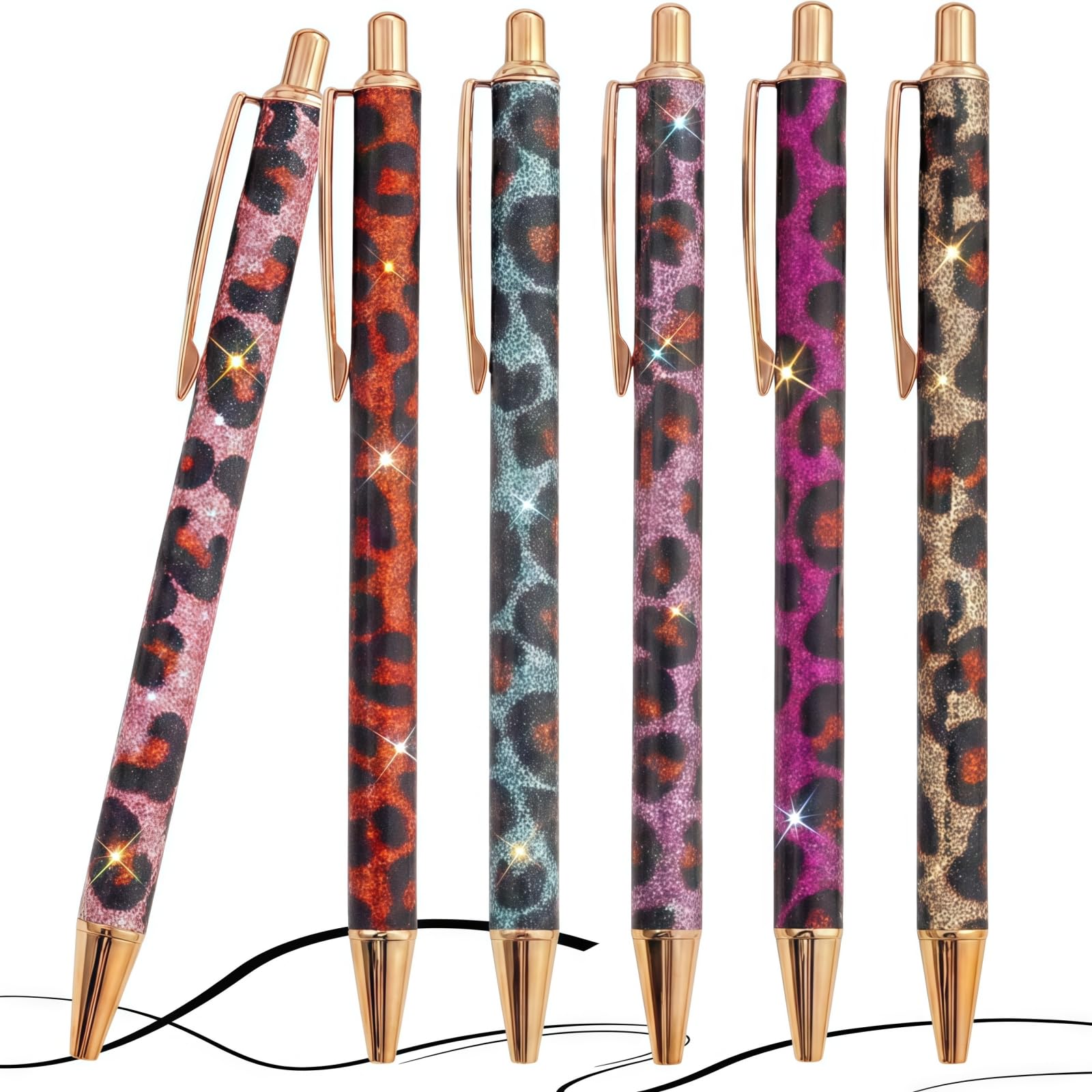 6PCS Leopard Print Sparkly Pens Set,Bling Sparkly Me/tal Pens,Pretty Glitter Ballpoint Pens,Leopard Print Gifts for Women,Retractable Me/tal Ballpoint Pens,Cute Pretty Pens with Glitter Ballpoint(2)