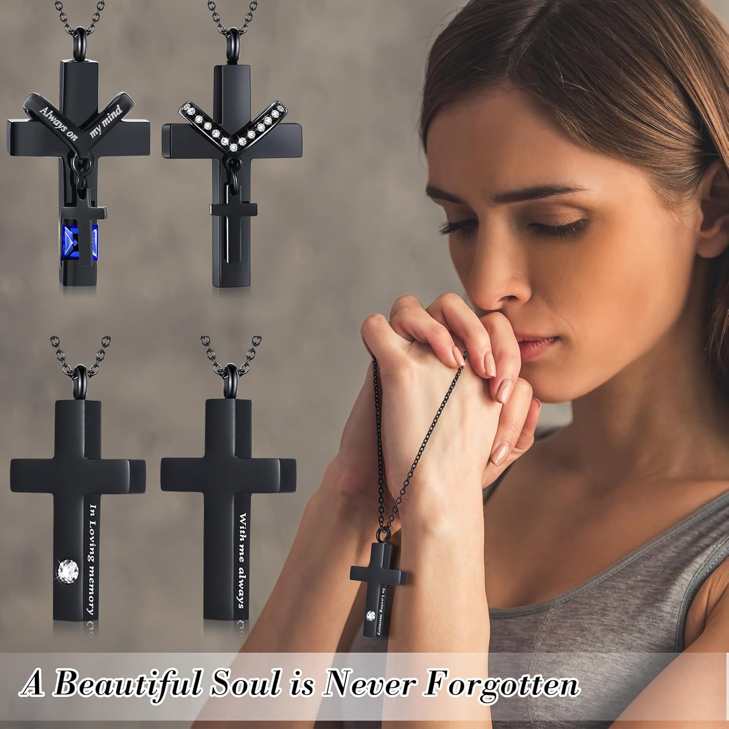 Yinkin 8 Pcs Urn Necklace for Ashes Cremation Cross Necklace Stainless Steel Cremation Jewelry Ashes Memorial Jewelry for Men Women (Black)