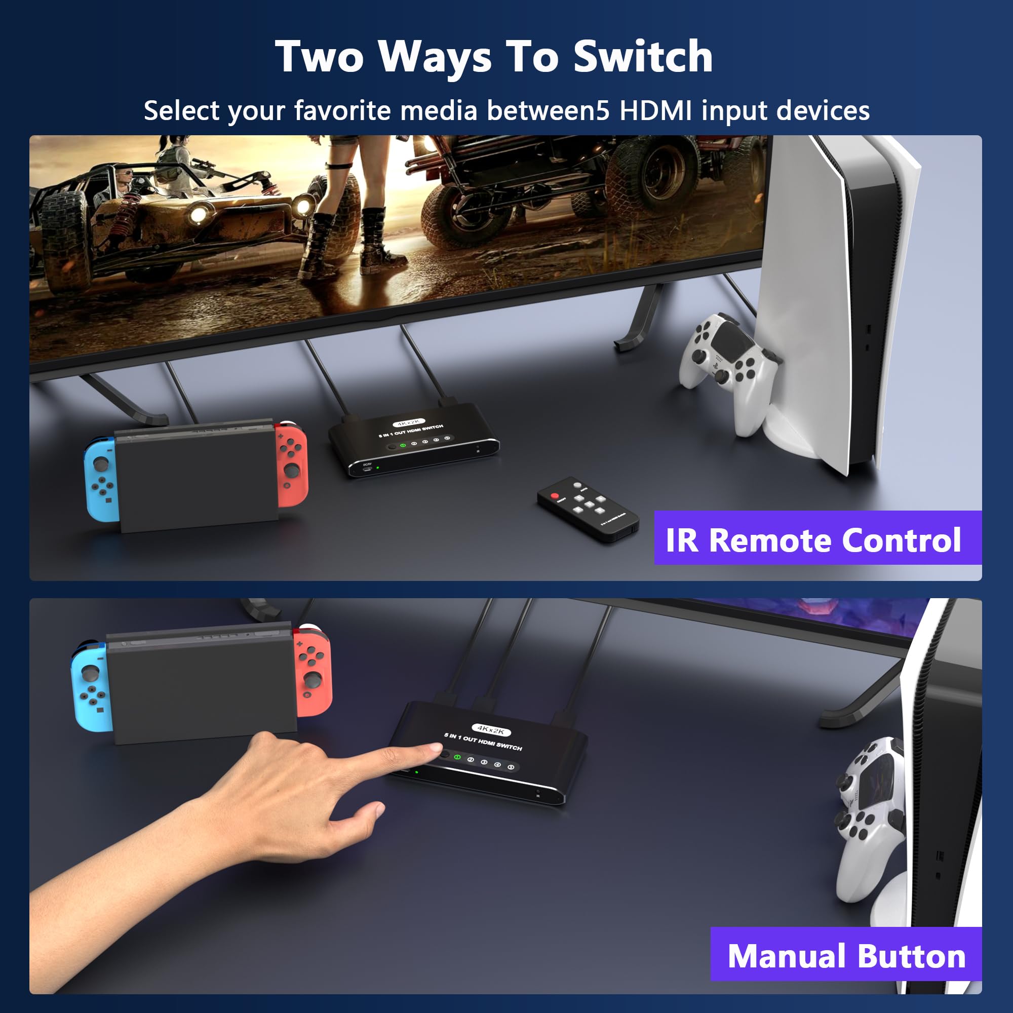 Switch HDMI 5 in 1 con telecomando 4K, 5 porte, selettore HDMI splitter box con indicatori LED, hub di commutazione di gioco con alimentazione USB per PS5 Xbox Fire Stick Roku TV Monitor