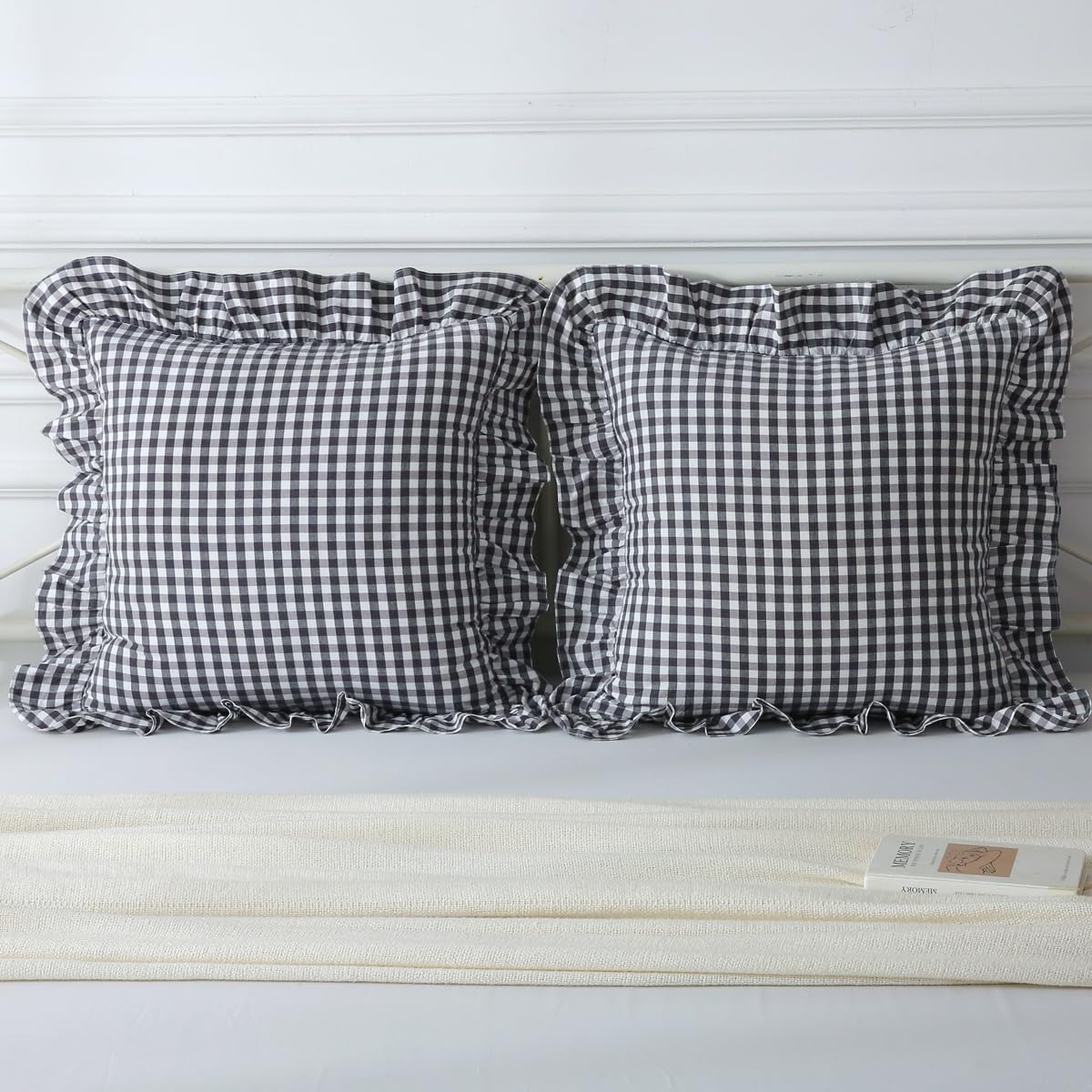 Mywinlle Black/White Plaid Ruffle Throw Pillow Covers Set of 2,Checkered Washed Cotton Gingham Decorative Pillow Shams Farmhouse Pillowcases 20"x20"