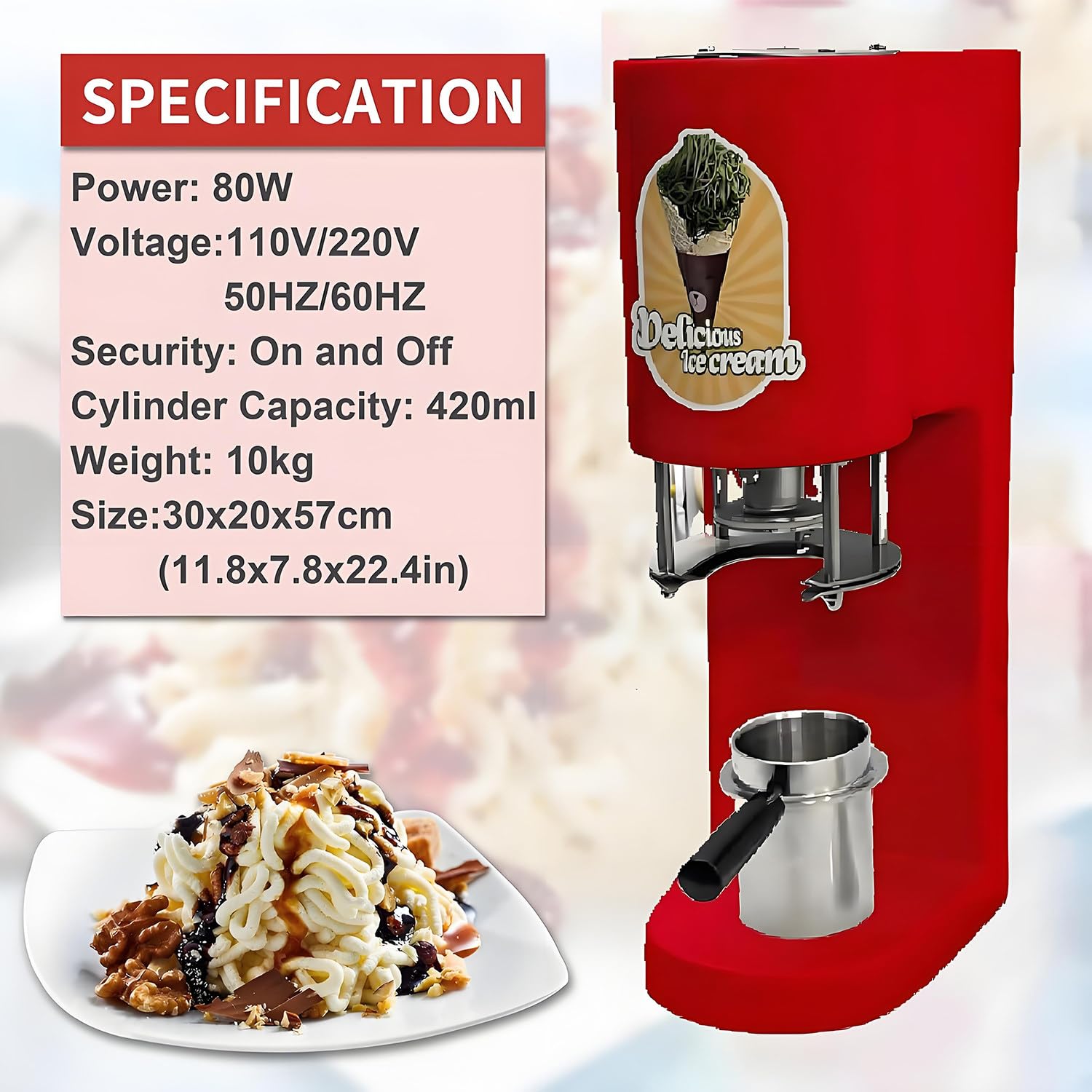 Macchina per Gelato Multiforme con 4 stampi intercambiabili, tramoggia da 420 ml/Acciaio Inossidabile/Avvio con 1 Pulsante, gelatiera Commerciale da 80 W per gelaterie e Negozi di Gelati Red