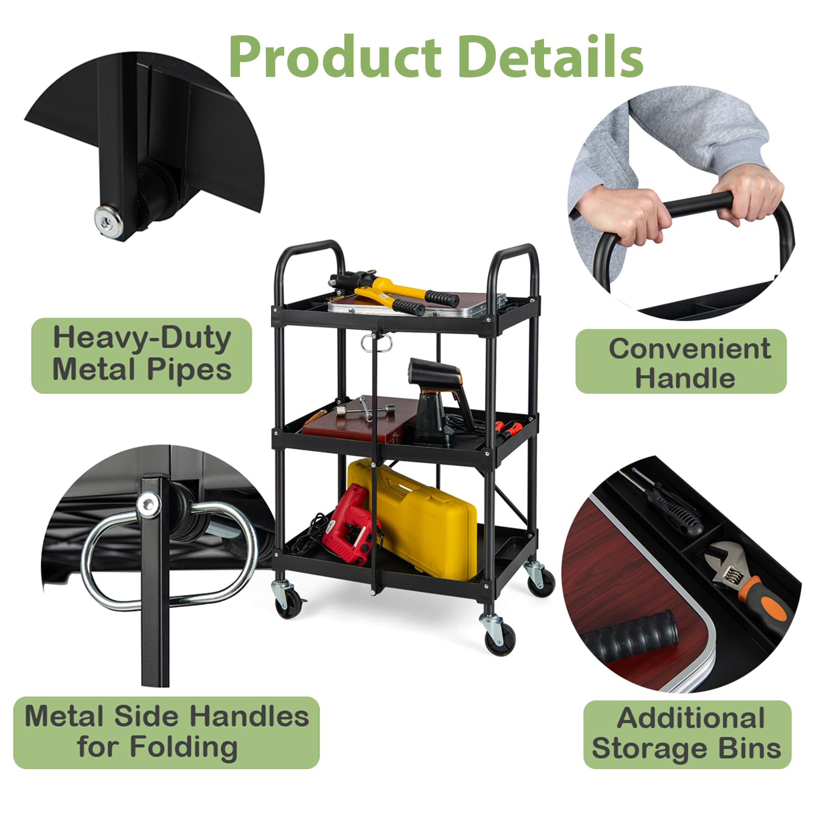 Carrello portautensili pieghevole con ruote di bloccaggio Heavy-Du Metal Sto per Ga e Worhop Utili Rolling Cart per strumenti e forniture