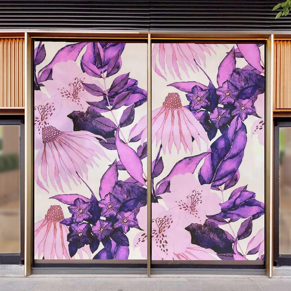 Vinyl Stained Glass Film Purple Morning Glory Flowers Window Film Privacy Stained Static Cling Glass Film 17.7Wx35.4L-inch x2 Pcs