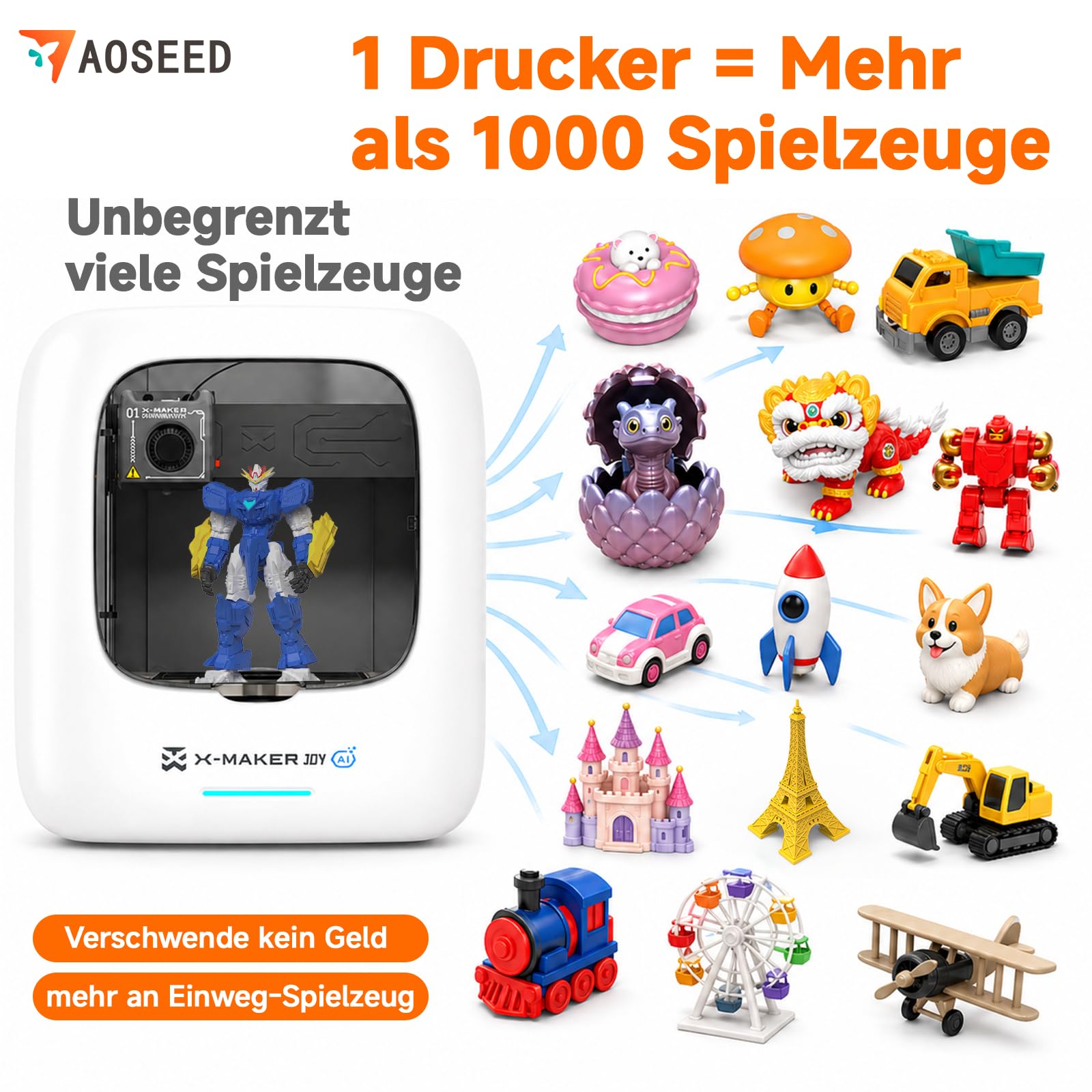 Imprimante 3D Alimentée par IA Domestique Professionnelle,Imprimante 3D avec Ensemble de 8 Filaments PLA, Grande Bibliothèque de Modèles,16+Mini Modules de Conception 3D,Contrôle Via APP,