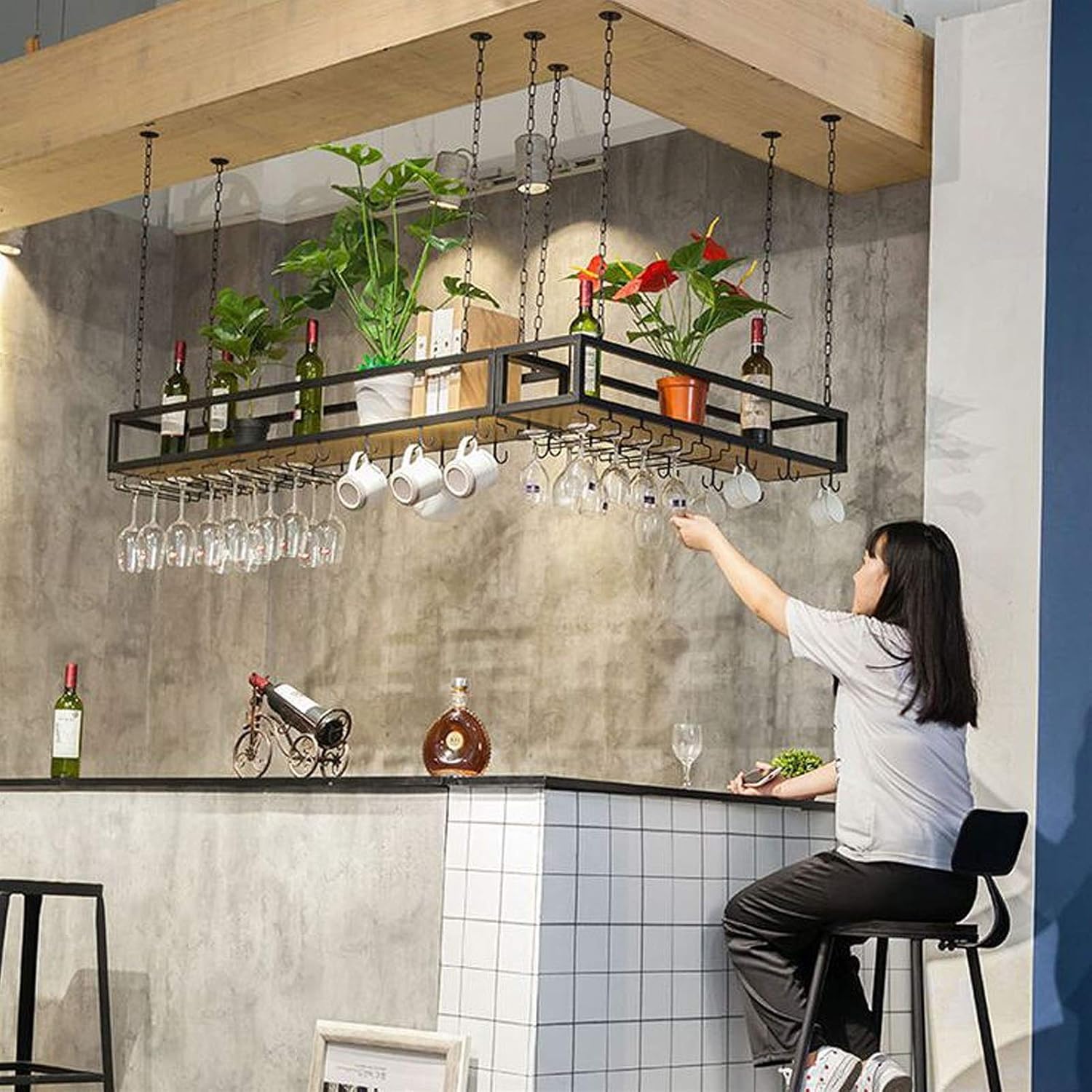 Ceiling Shelf Hanging Wine Rack Holder and Ceiling Shelf，Retro Iron Solid Wood Ceiling Shelf Single Layer，or Bars/Restaurants/Kitchens Storage Rack，4 Sizes (Size : 60 * 25 * 22cm)