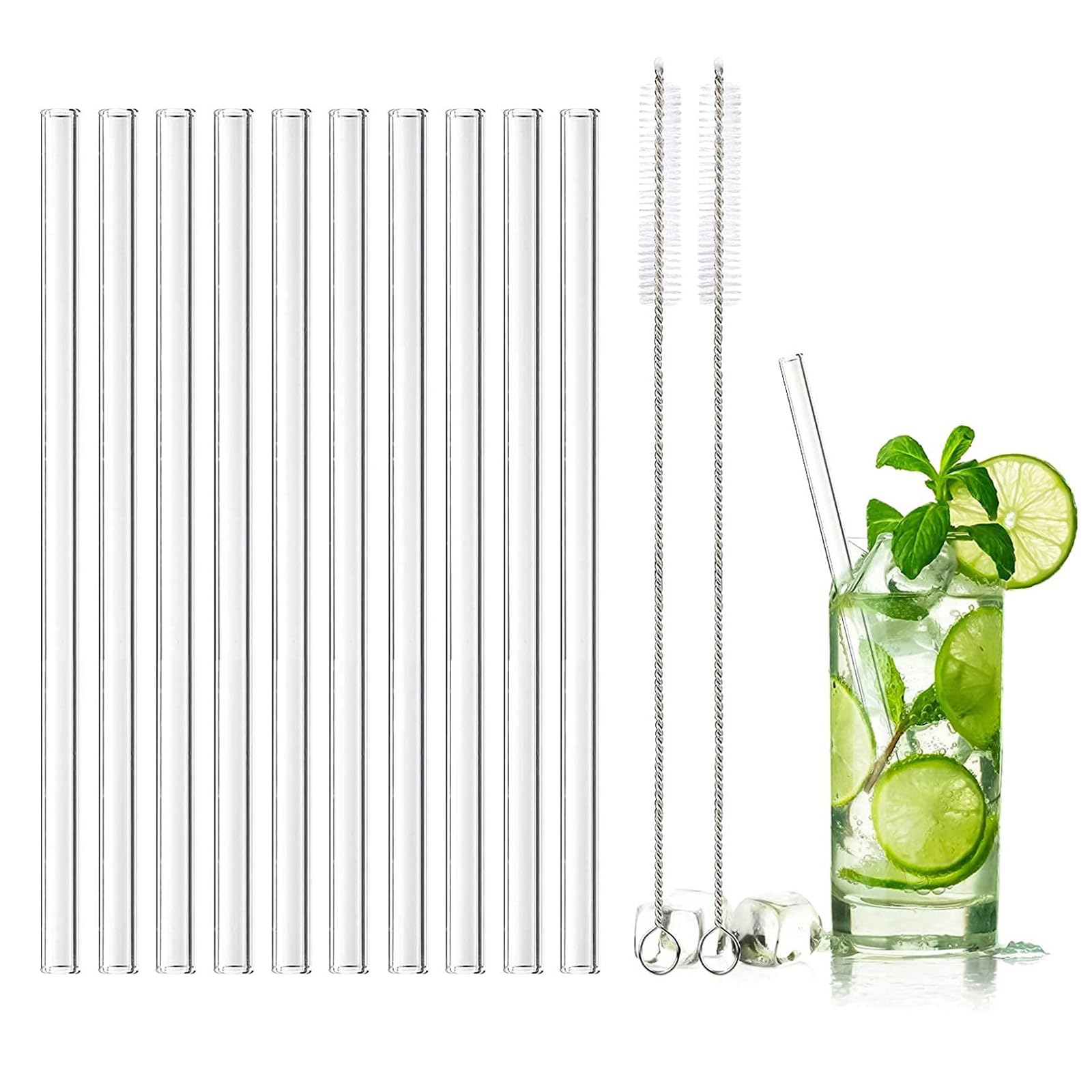 Set 8 Cannucce In Vetro Riutilizzabili - Con 2 Spazzole Per Pulizia, Lunghezza 20 Cm, Trasparenti, Ecologiche Per Bevande Fredde E Calde
