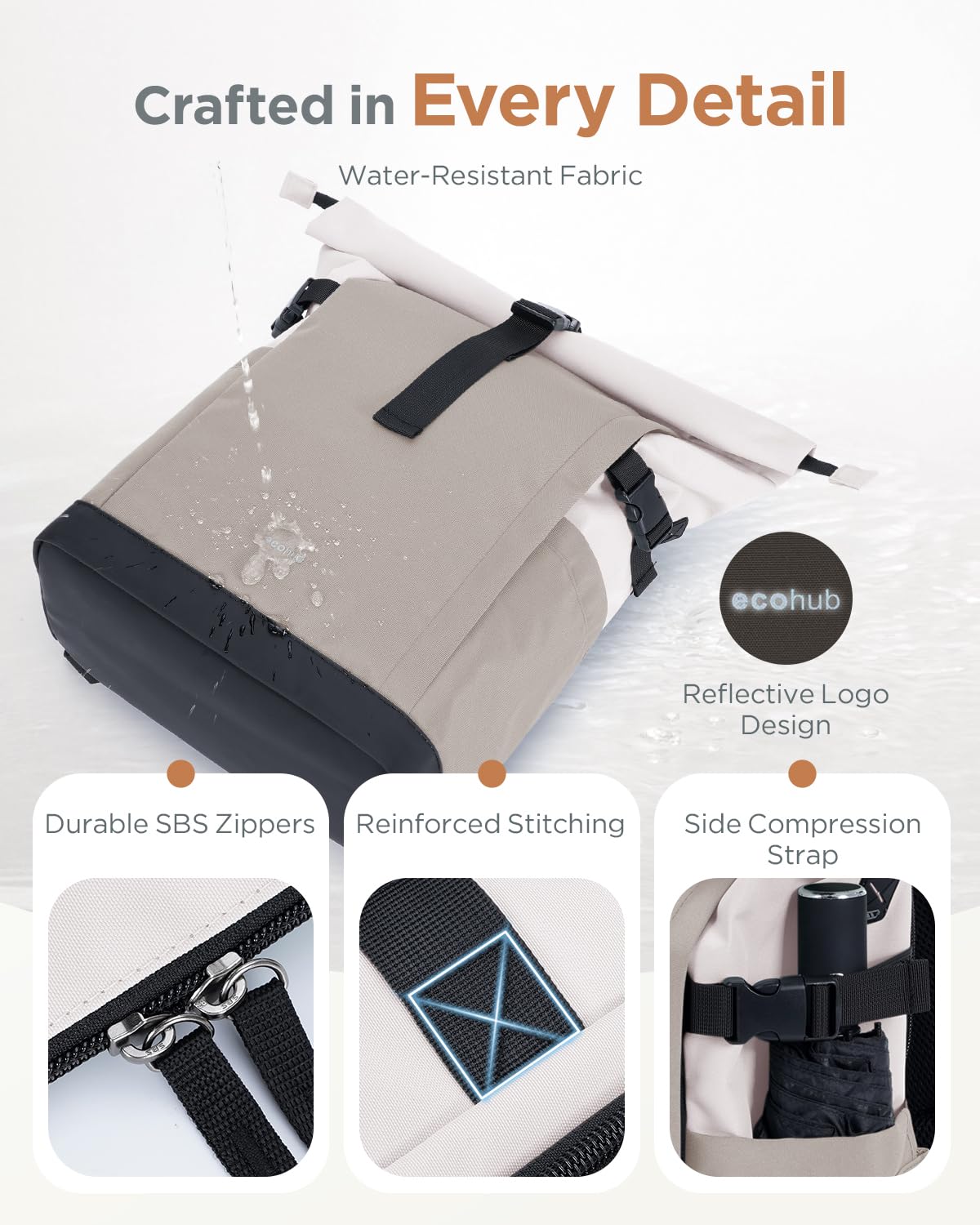 ECOHUB Zaino Rolltop 20–27L per Donna, Zaino da Viaggio per Laptop 15,6" | Colori Contrastanti, 14 Tasche, SBS Zippers, Porta USB, Resistente all'acqua, Riciclato, per Lavoro, Università, Beige