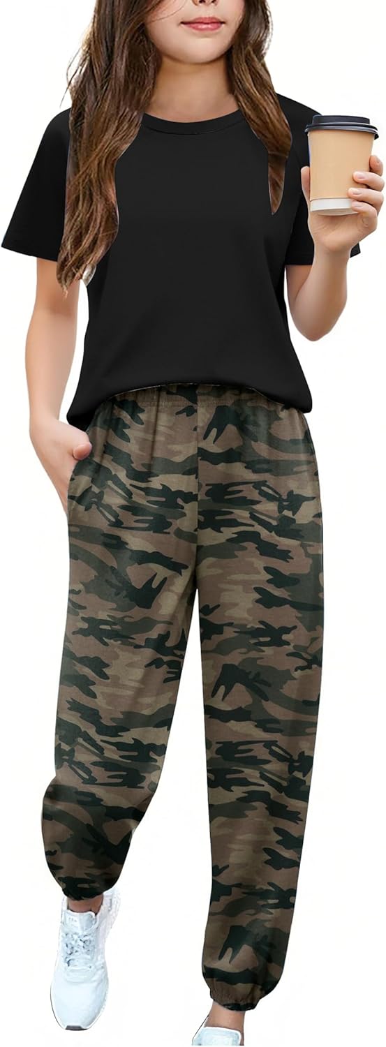 Arshiner Girls 2 Piece Outfits Fashion Clothes Short Sleeve Tops and Jogger Pants Kids Tracksuit Sweatsuits Set