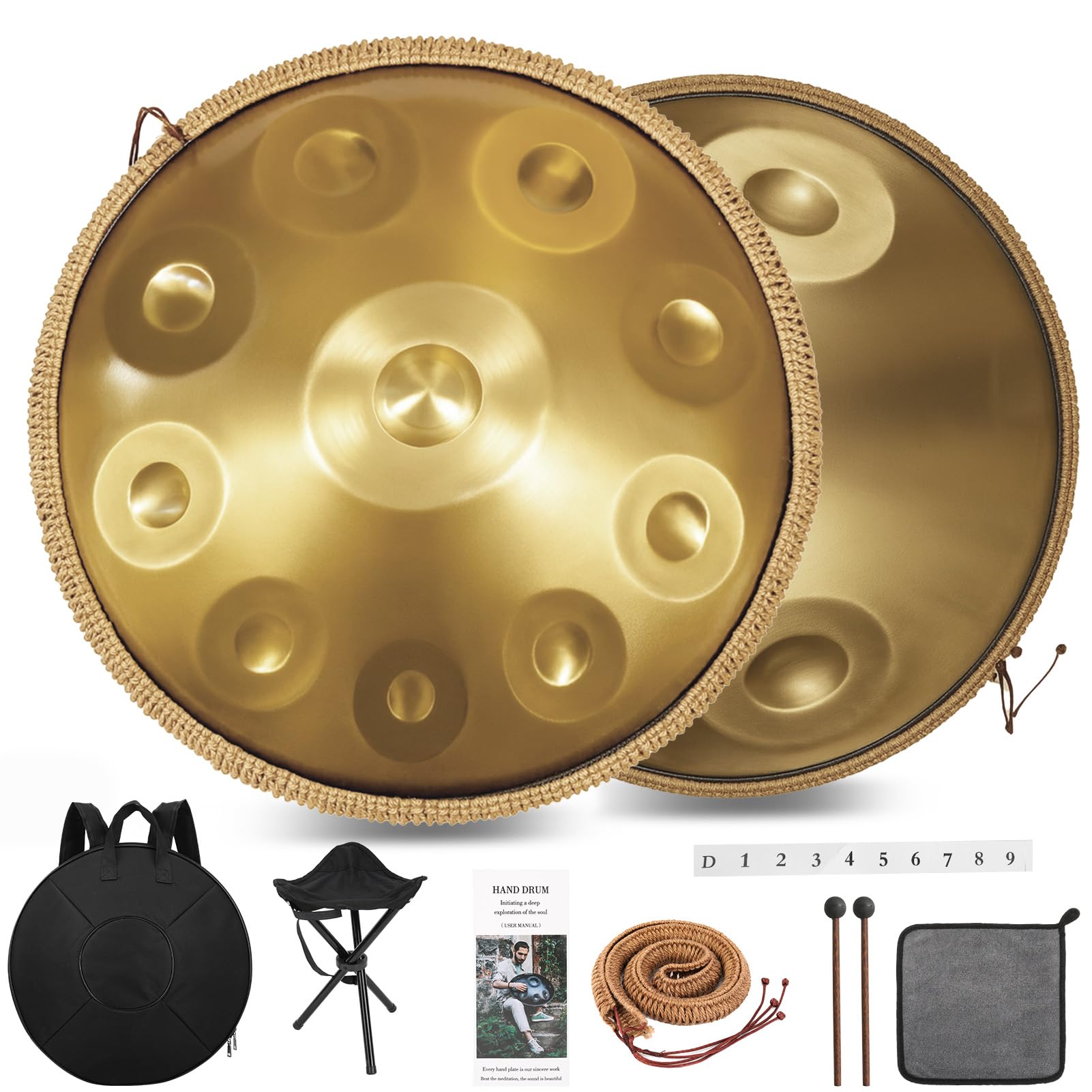 12 Töne Handpan Instrument, 22 Zoll Gold Hand Pan Drum Steel Tongue Drum Zungentrommel für Yoga, Meditation mit Handtaschen Trommelstöcken, Trommelständer, Lappen (440HZ)