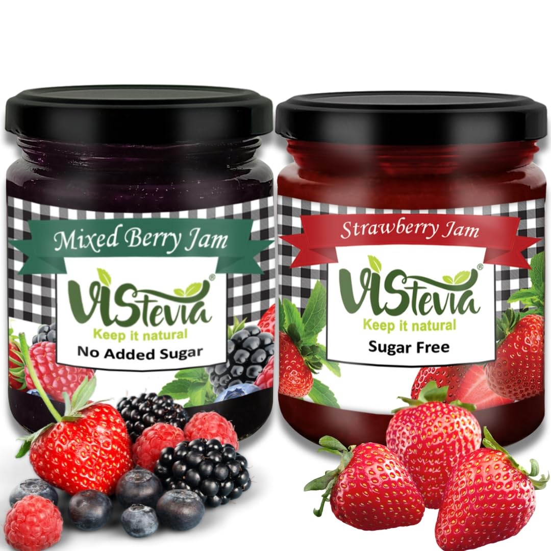 Vistevia Sugar Free Combo of Strawberry & Mixed Berry Jam, Diabetic and Keto Friendly - Sweetened Naturally with Stevia, More Than 60% Berry Content - Tastes Delicious - Pack of 2 (220 * 2GM)