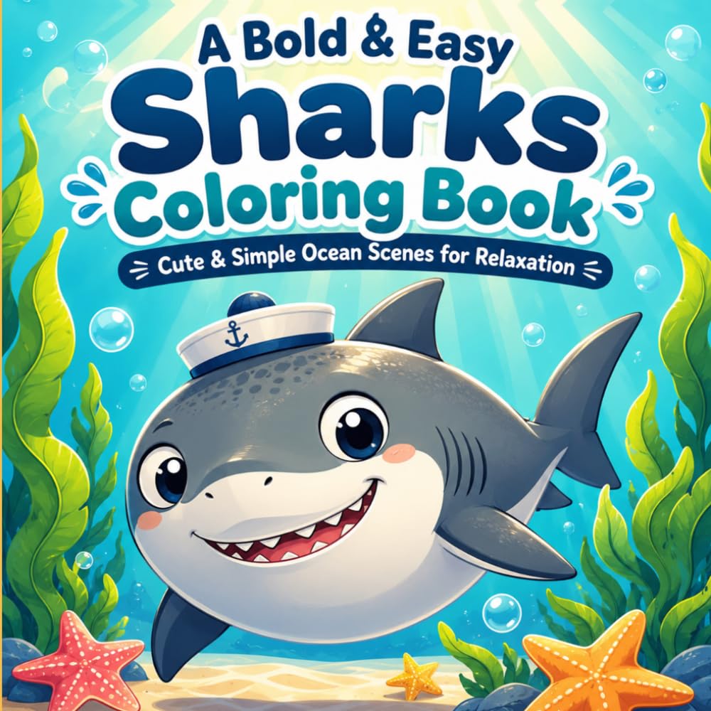 A Bold & Easy Sharks Coloring Book: Cute & Simple Ocean Scenes for Relaxation