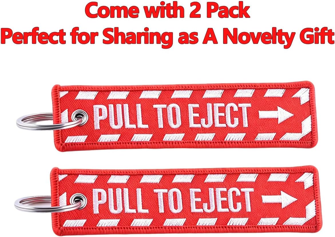 2 Pack Pull to Eject Keychain Embroidered Letters, Double Sided Jet Tag with 304 Stainless Steel Key Ring, Red White Durable Fabric Strap for Jeep Car Motorcycle Keys Backpack, 5 x 1.2 inches