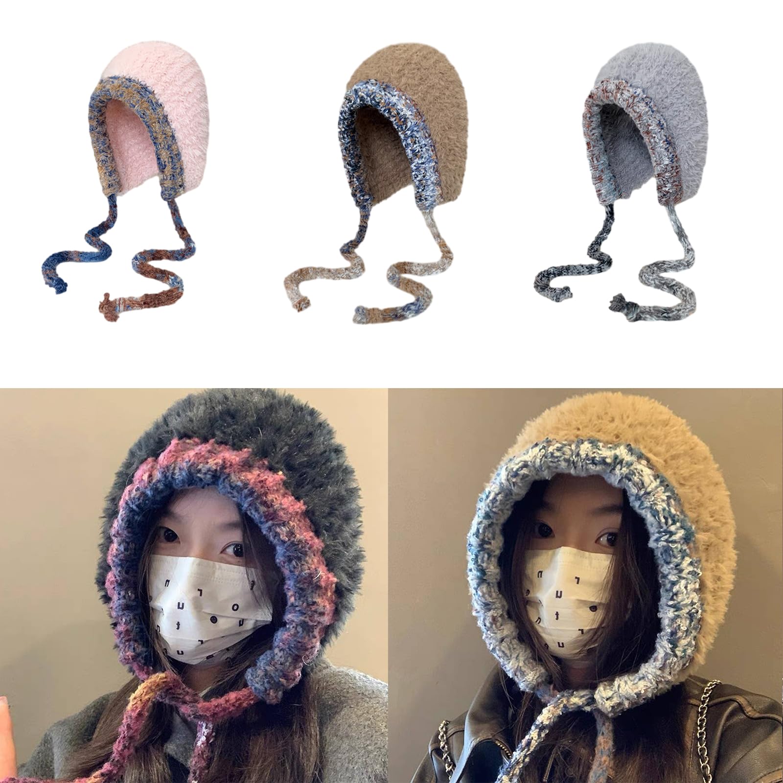 Knit Earflap Hat for Teens Adult Windproof Trapper Hat Thicken Knit Ear Protector Hat Keep Warm Skiing Cycling Hat Pink