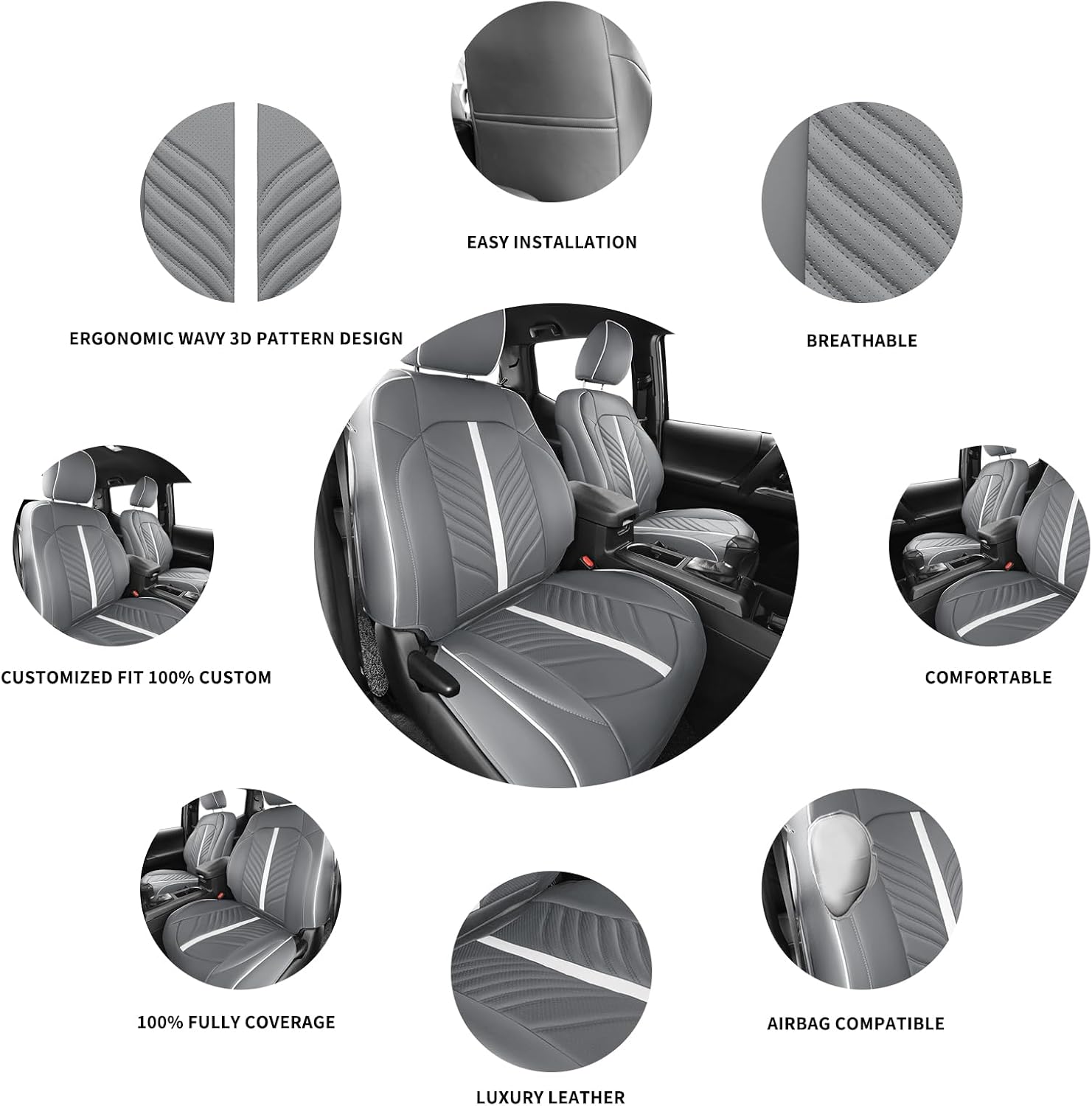Leather Seat Covers Custom Fit for Toyota Tacoma 2016 2017 2018 2019 2020 2021 2022 2023,3rd Gen Double & Crew Cab SR,SR5,Limited,TRD Pro,TRD Sport, TRD Off-Road Front Pair,Grey White