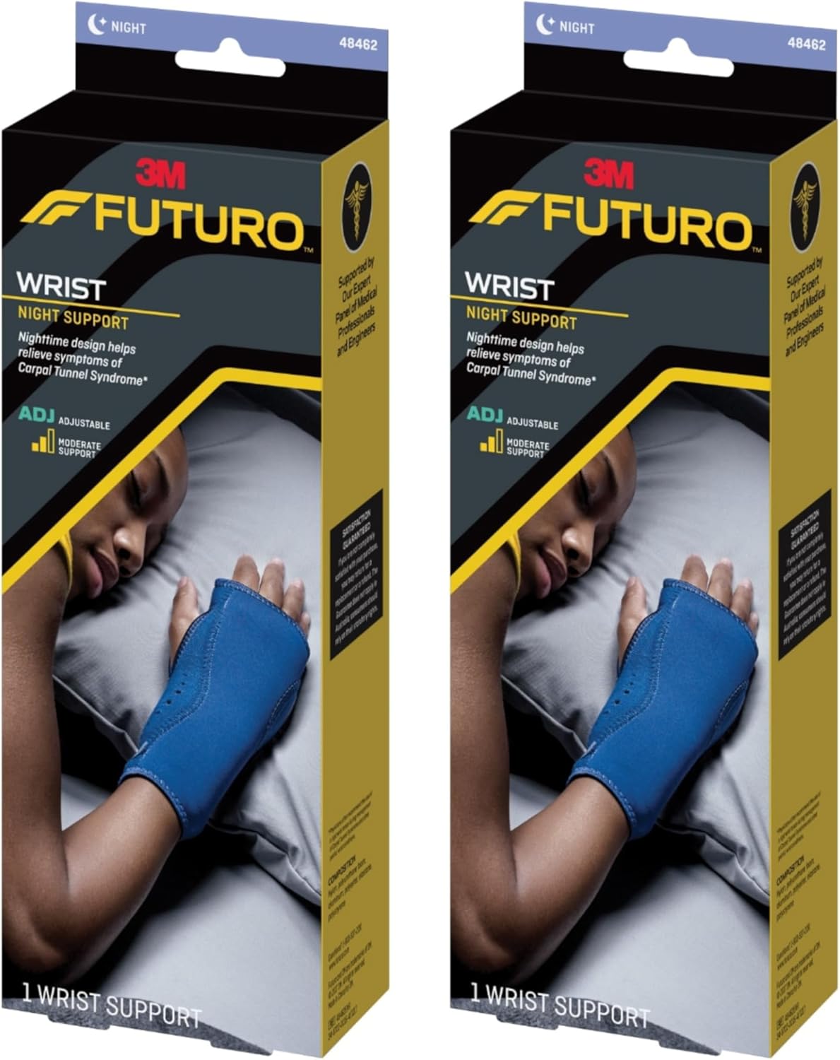 Futuro Night Wrist Sleep Support Brace, Adjustable Nighttime Splint for Carpal Tunnel Relief, Cushioned Beads and Removable Stabilizer, Fits Left or Right Hand (2-Pack)