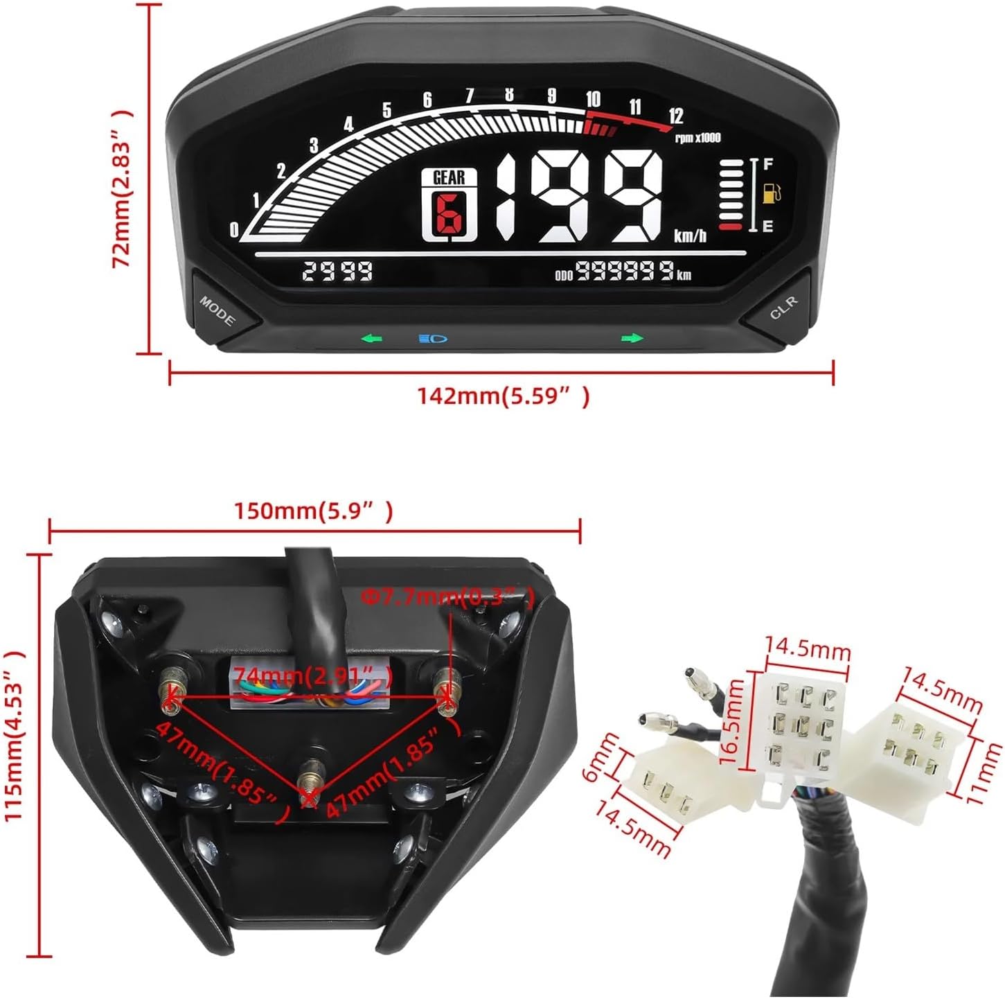 Motorcycle Speedometer Gauge for Motorcycle 1,2,4 Cylinders YG150-23 Universal Tachometer Motorcycle Digital Dashboard Odometer Tachometer