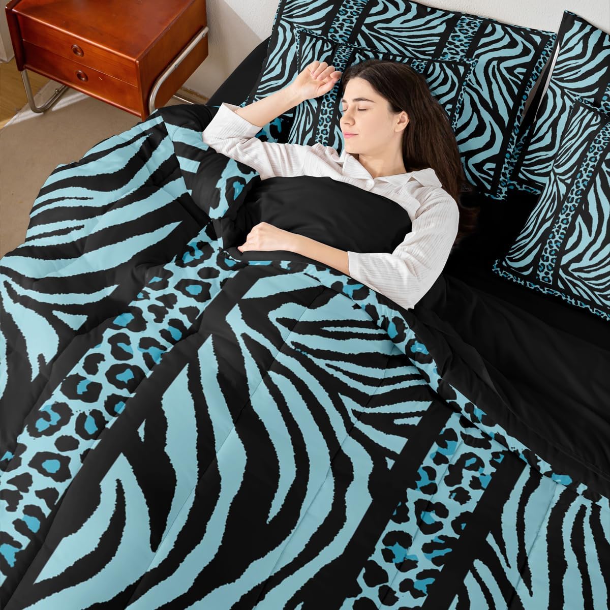 Feelyou Zebra Leopard Print Comforter Set Queen Size 7 Pieces Blue Black Leopard Bedding Set Kids Boys Girls Animal Print Bed in a Bag with Comforter, Sheets, Pillowcases, Cushion Covers Bedroom Decor
