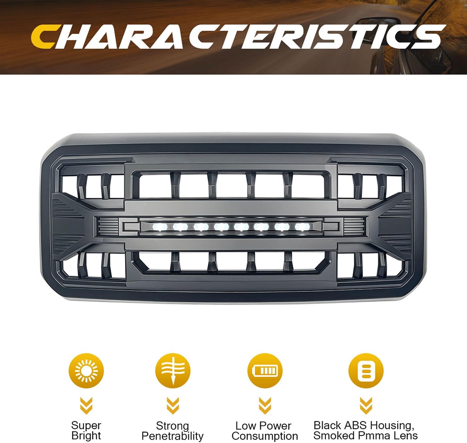 American Modified Armor Grille w/LED Off-Road Lights Compatible with 2011-2016 Ford F250/350/450/550 Super Duty, Matte black