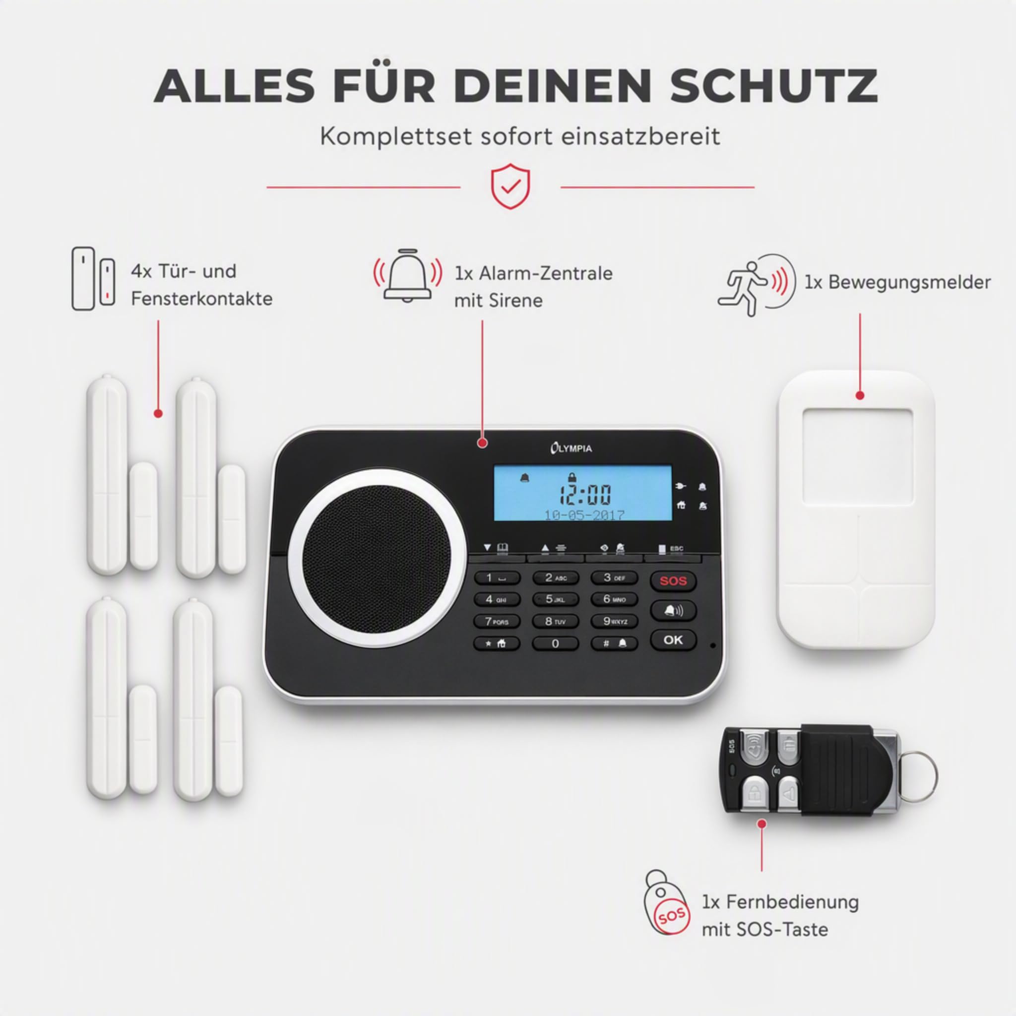 Olympia Protect 9761 Alarme Alarme de Maison GSM Set de 4 Porte/Fenêtre Contacts 1 Mouvement Selder Télécommande, Noir
