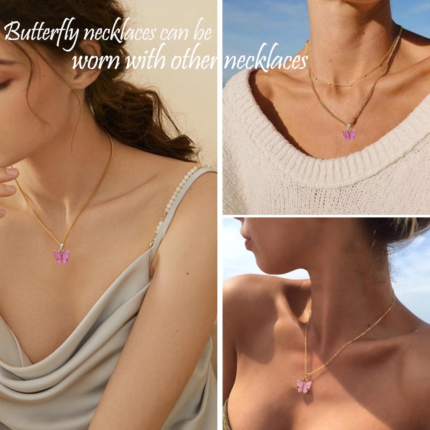 Dainty Colorful Butterfly Pendant Necklace for Women,Bohemian Acrylic Cute Butterfly Chain Necklace Retro Card Adjustable Insect Animal Necklaces Friends Female Necklace - Image 3