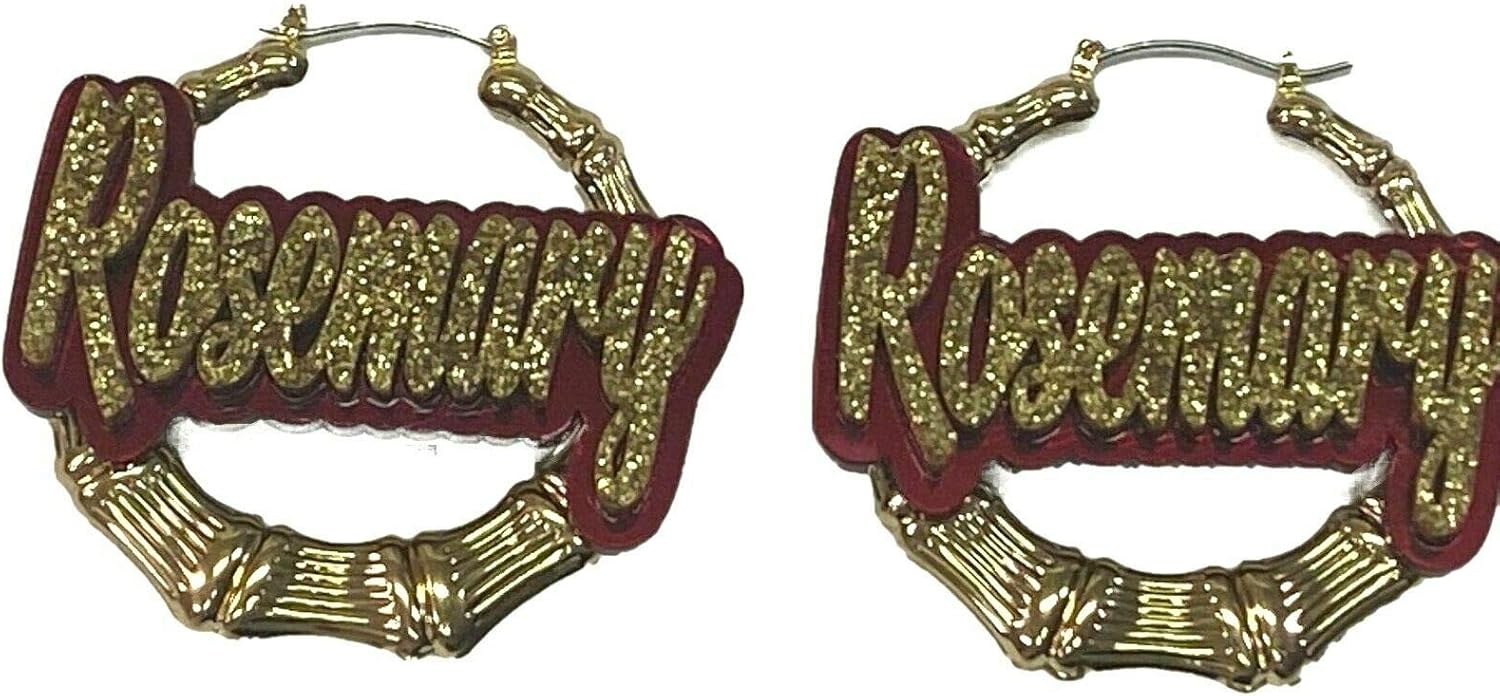 Personalized Custom Gold 1.5, 2.5, 3.5" Size and Background Color Choice Bamboo Earrings Hoop Name Plate Laser Cut Made To Order - Any Name Diamond Look Letters Stunning, Quality, Attractive