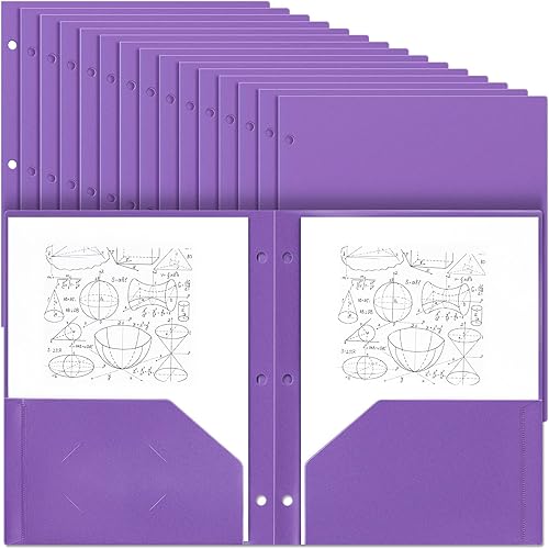 Miniatura 1 de Yeaqee 50 carpetas de plástico con bolsillos a granel con 3 agujeros perforados y 2 bolsillos para carpetas de 3 anillas, carpeta divisora para