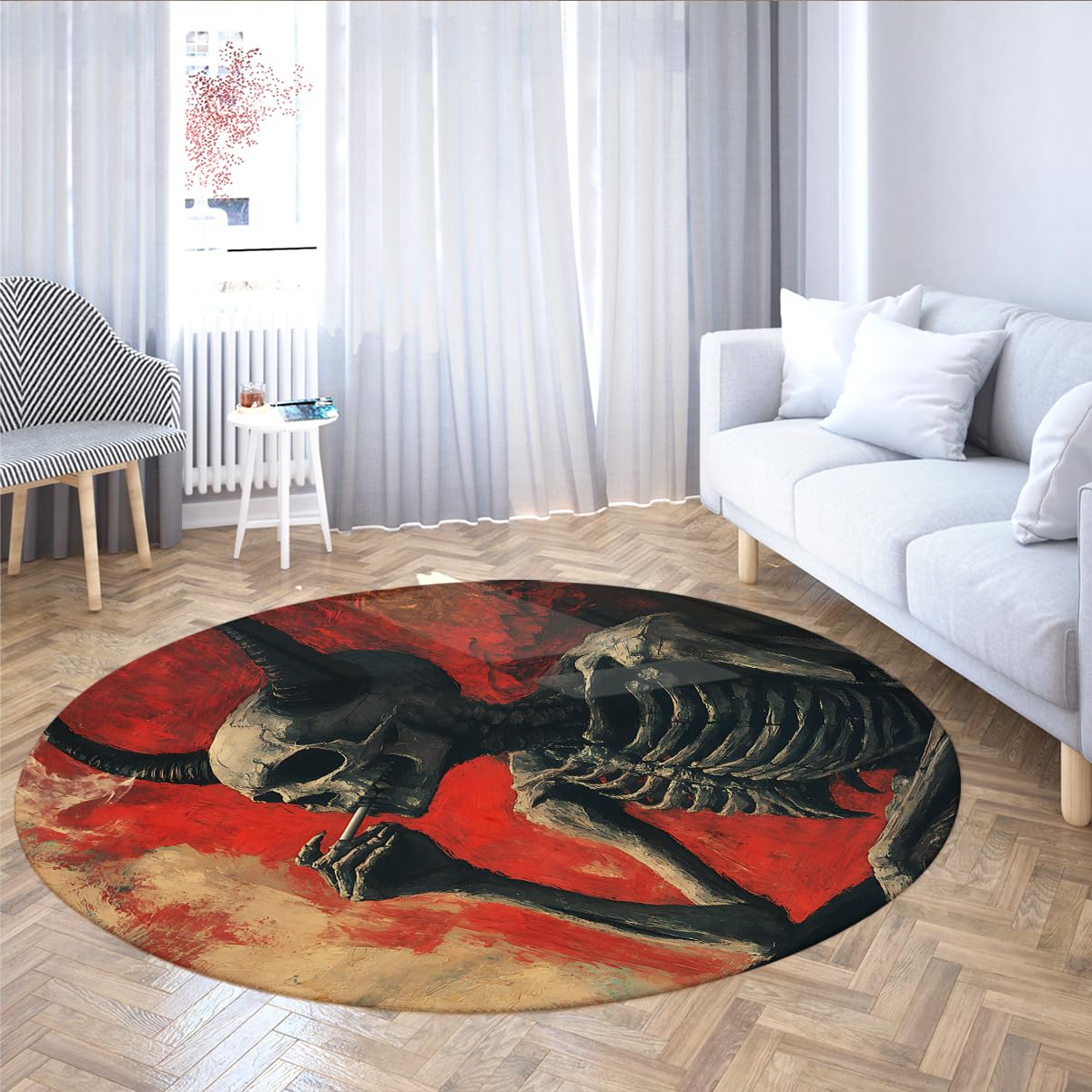 Okrągły dywan 120 cm Halloween szkielet wewnątrz koła dywaniki