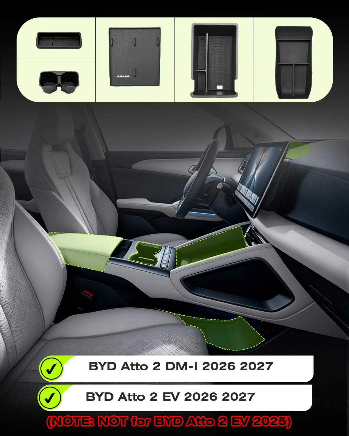 [5 pezzi] Set scatola portaoggetti per console centrale per BYD Atto 2 EV DM-i 2026 (Non per Atto 2 2025), tappetino di ricarica in silicone, vano portaoggetti, organizer per bracciolo, vano