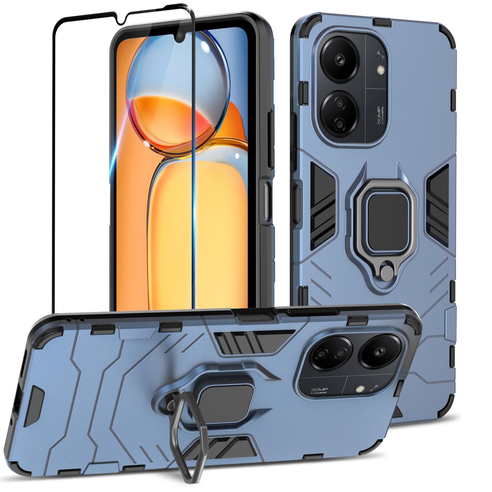 Funda para Samsung Galaxy A13 4G con Cristal Templado Protector Pantalla, Carcasa Antigolpes con Soporte anular metálico, Case Protectora de Grado Militar, Negro — view 155