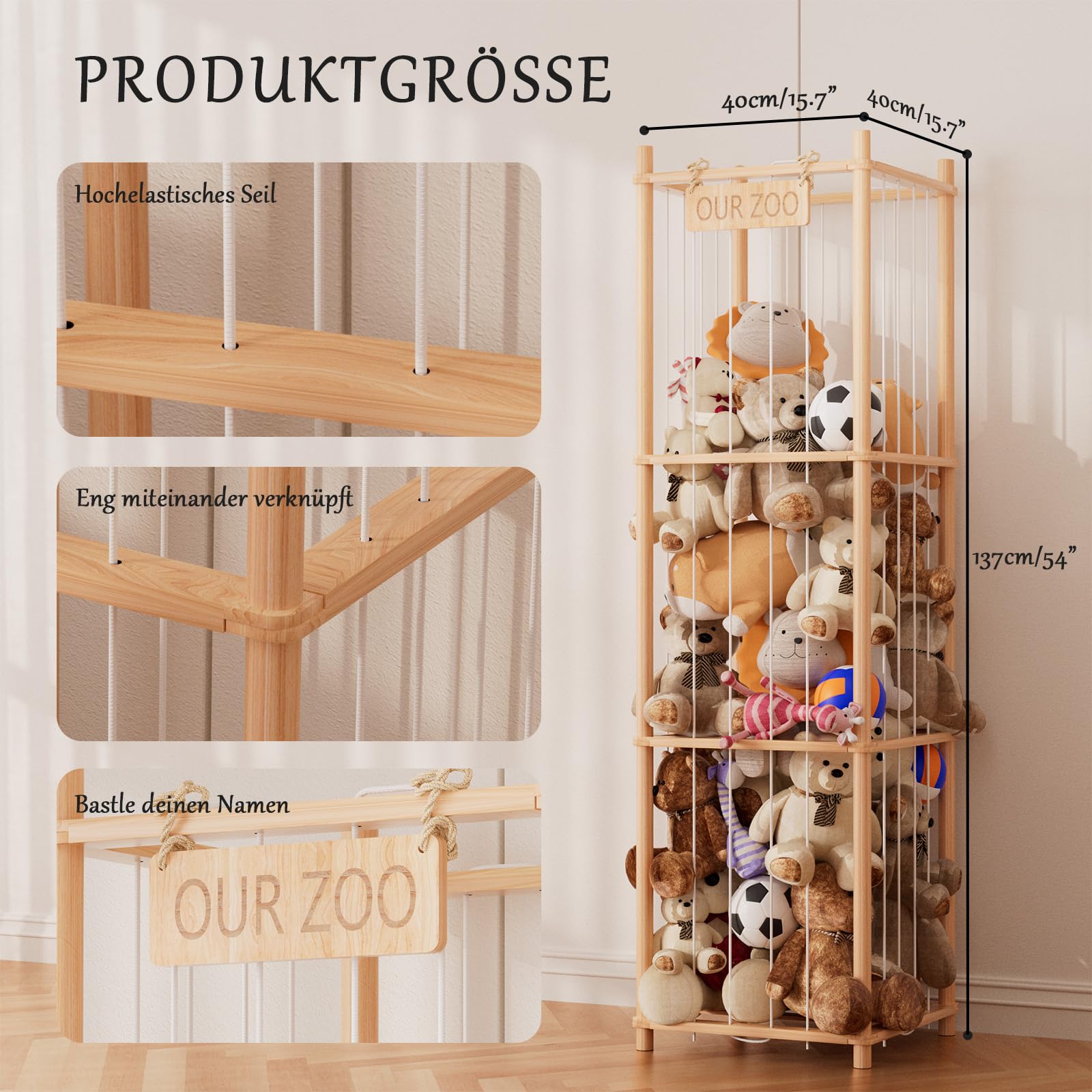 Kuscheltier Aufbewahrung mit Netz, Stofftiere & Plüschspielzeug Massivholz Organizer, Großes Fassungsvermögen Aufbewahrungsregal für Kinderzimmer, Wohnzimmer & Schlafzimmer 137x40x40cm