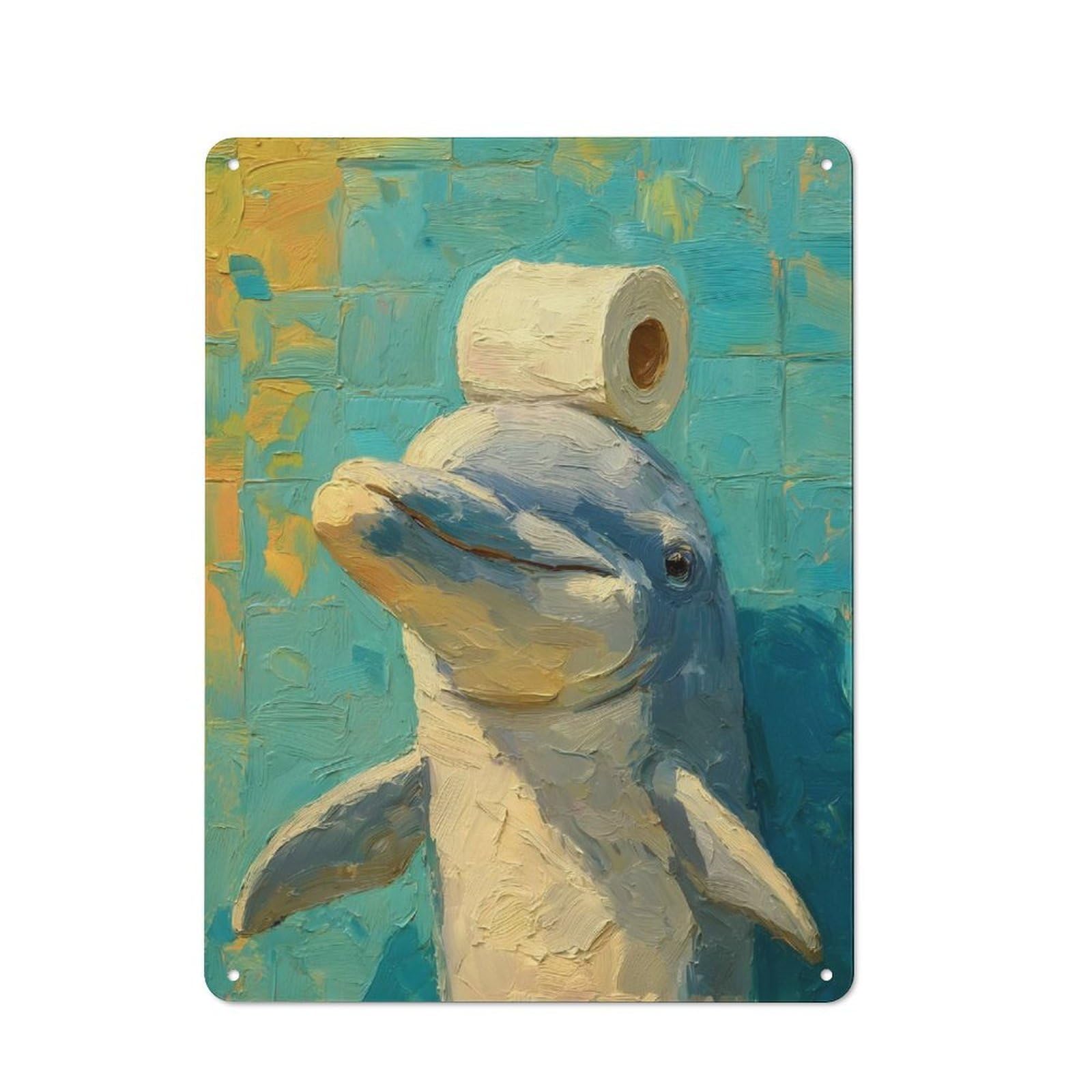 Country Country Metal Sign 40x30cm Featuring Dolphin with Toilet Paper Painting, Rustic Kitchen Decor for Cottage, Kitchen, Hallway Or Breakfast Nook