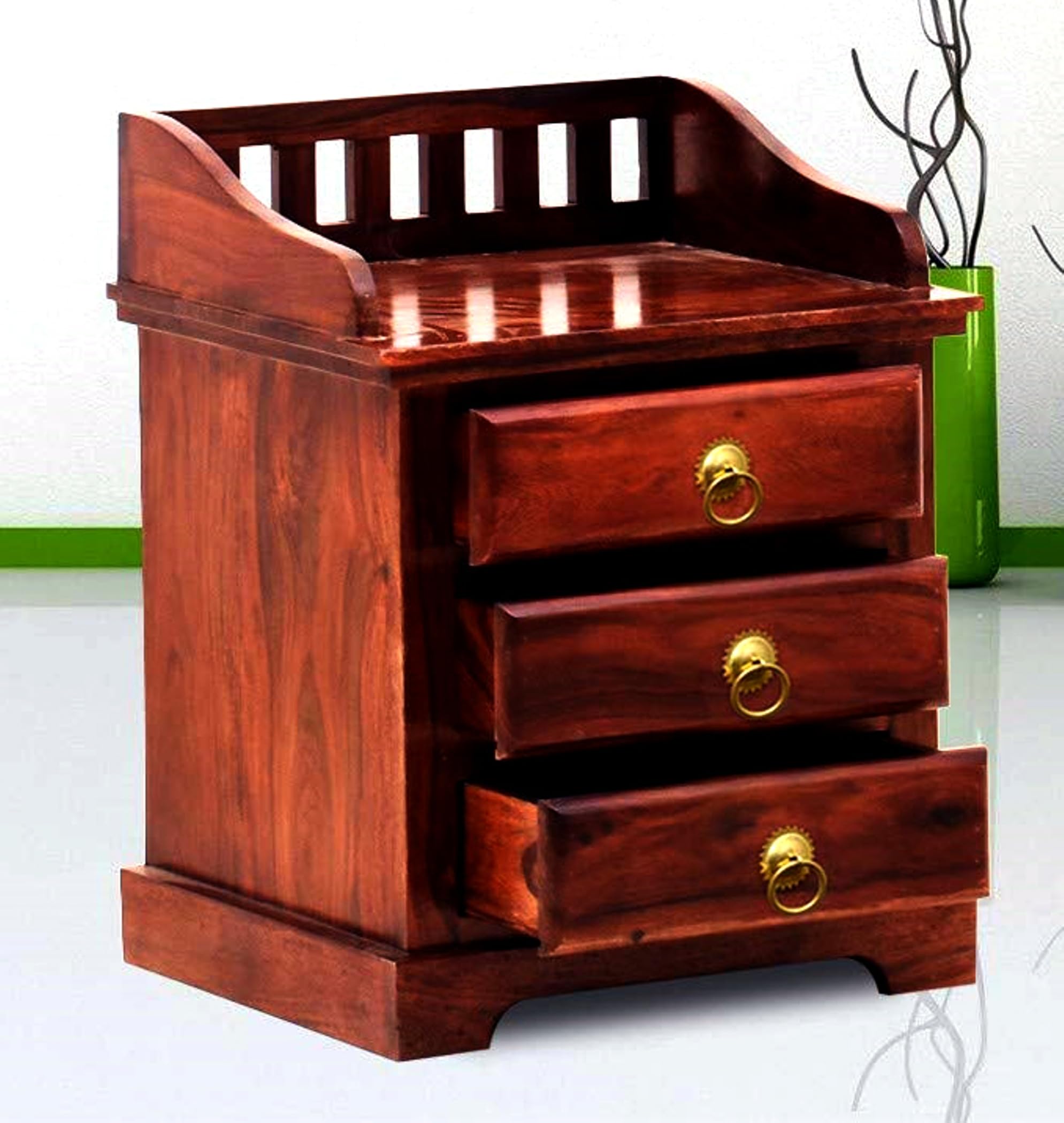 Shri Karni Handicraft Sheesham Wood Bed Side Nightstand Lamp Table with 3 Drawer for Bedroom Home Wooden Sofa Side Table for Living Room (Natural Brown Finish)-image-12