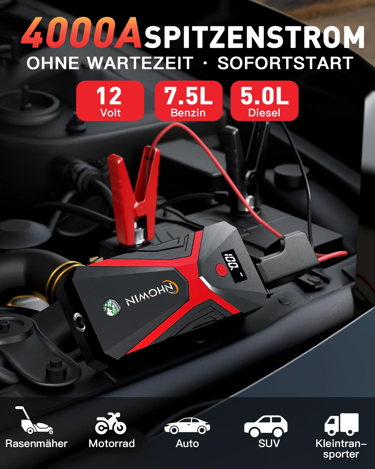 4000A Starthilfe Powerbank für Pkw 12V, 20000mAh Auto-Starthilfe mit LED