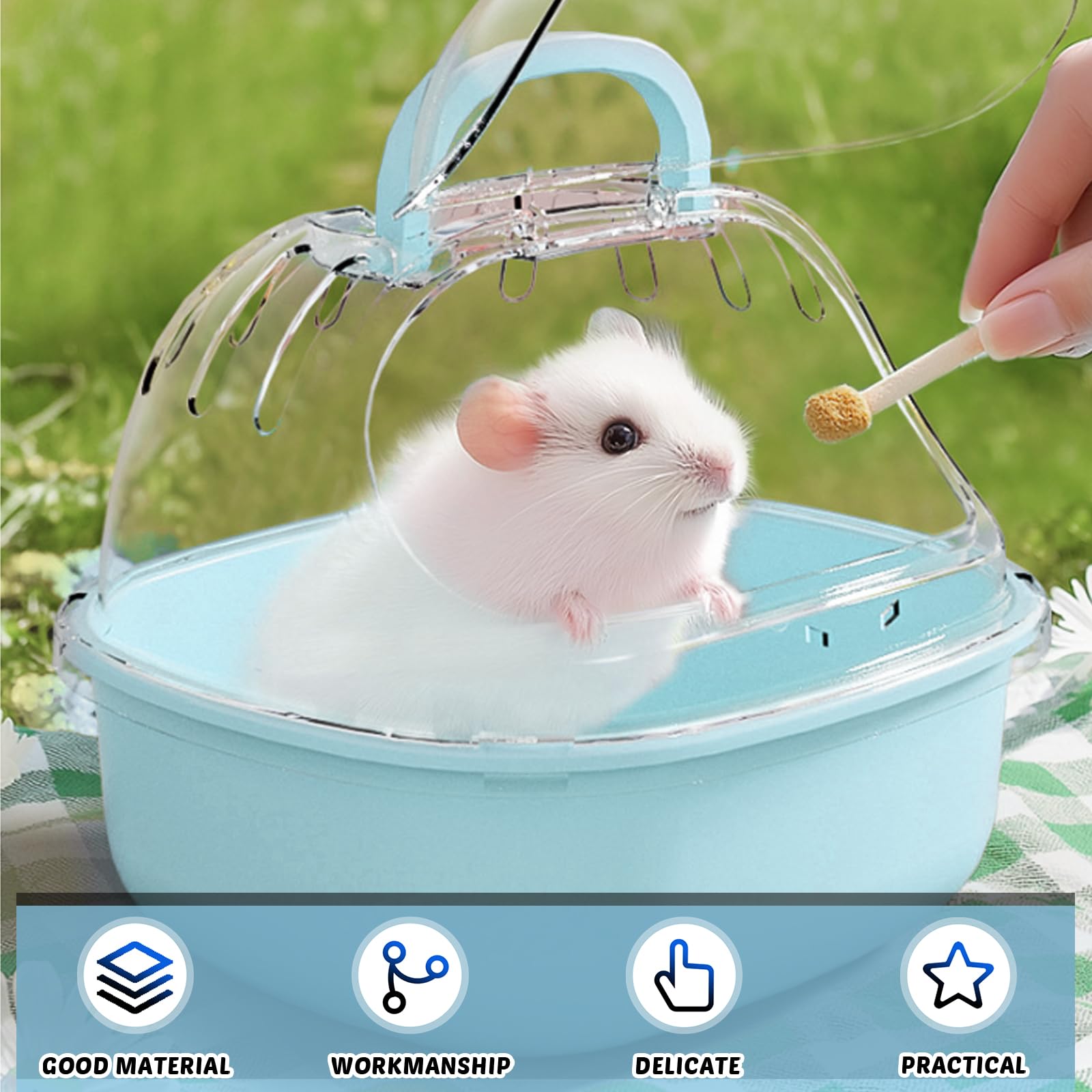Cage de transport portable pour hamster avec bouteille d'eau, 20 x 18 x 19 cm, avec fentes d'aération, pour gerbilles, souris, hamsters nains (bleu)