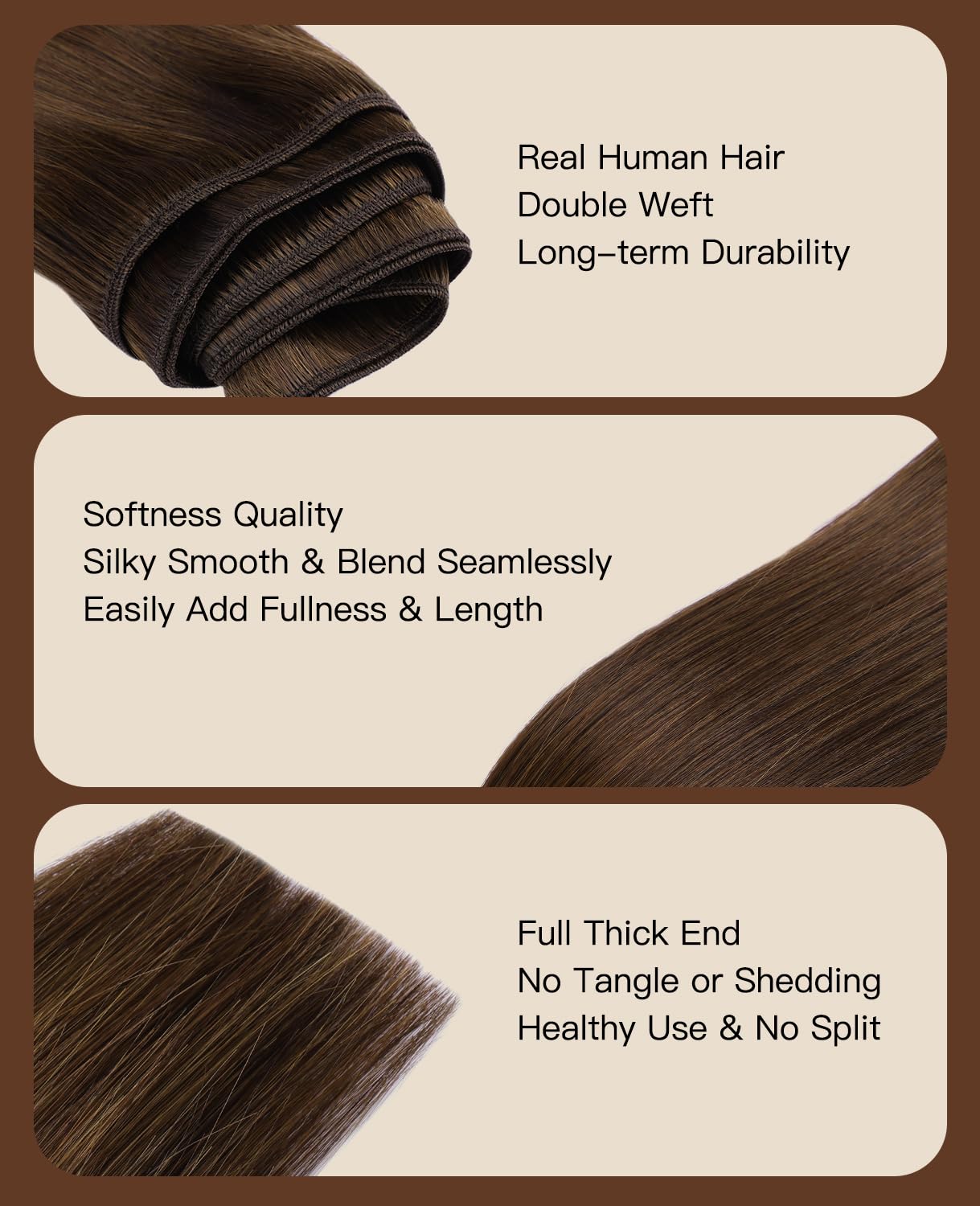 VINBAO Long Sew in Hair Extensions Real Human Hair 22inch 100g Chocolate Brown Machine Weft Hair Extensions Human Hair Sew in Hair Double Weft (weft#4,22'')