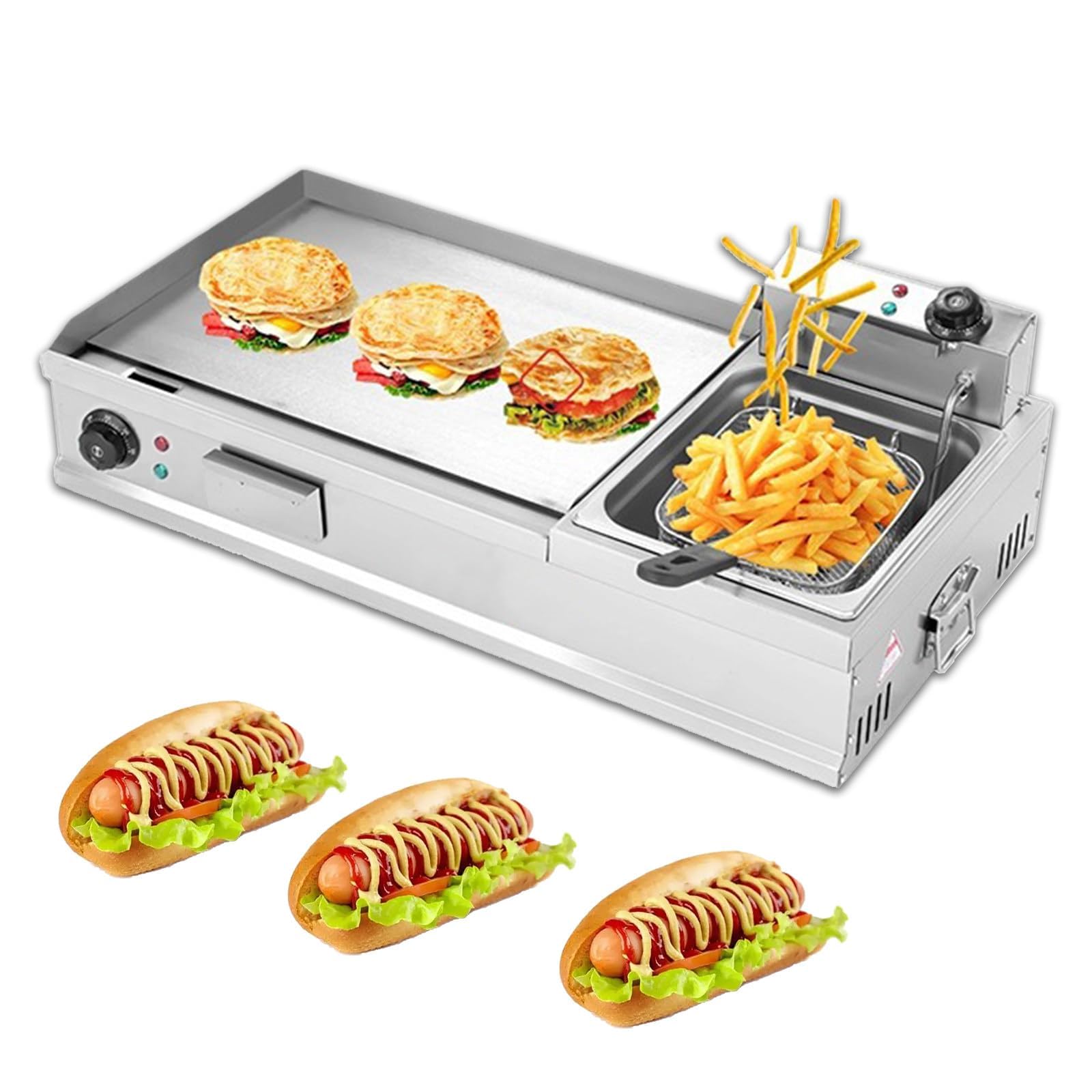 Plancha eléctrica Comercial con freidora y Rejilla para sazonar, cocinar en Interiores y para Asar a la Plancha de Forma versátil, tamaño_Nombre-S,S,S