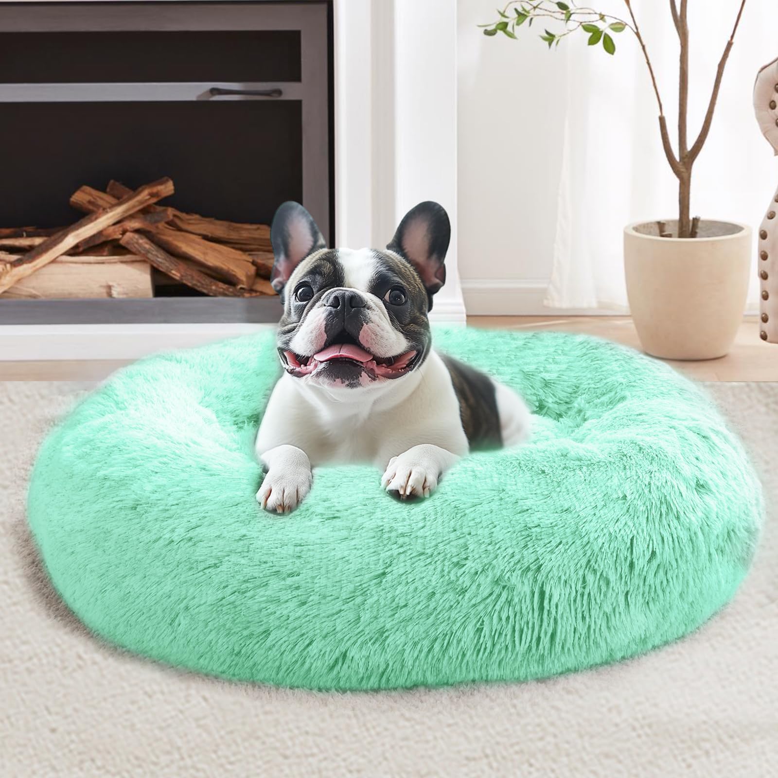JOLLYVOGUE Calming Small Dog &amp; Cat Bed for Indoor Cats - 20 inches Washable Donut Bed for Kittens &amp; Puppies, Anti-Anxiety Round Fluffy Plush Pet Beds (Fits up to 15 lbs, Mint Green)