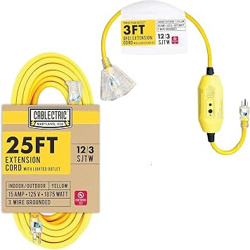 25ft Heavy Duty Extension Cord, 12/3 Lighted Plug Yellow SJTW Weatherproof 3 Prong Grounded Plug & 3Ft Outdoor GFCI Extension Cord Pigtail 15Amp 12/3 SJTW Heavy Duty Gauge Lighted Yellow