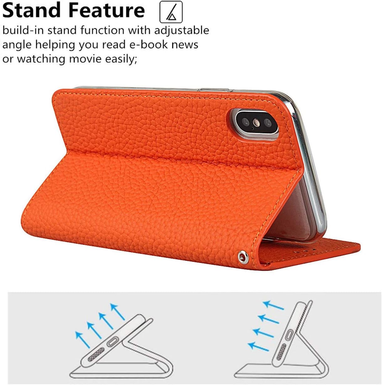 iCoverCase Genuine Leather Wallet Case for iPhone Xs Max with Wrist Strap, Card Holder, Magnetic Closure, Kickstand (Orange)