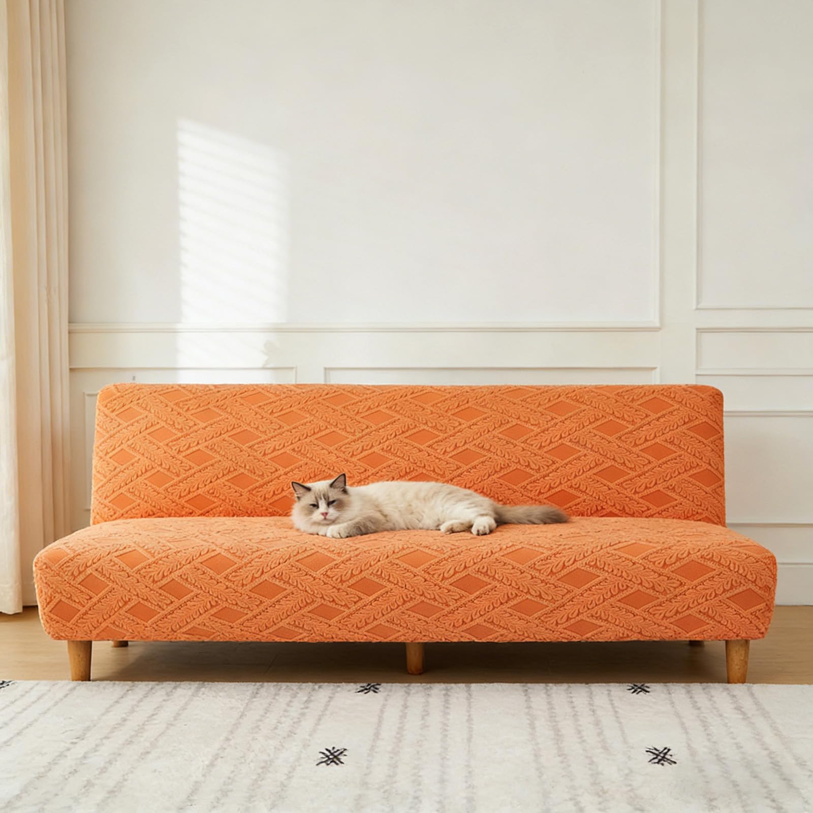 YUJOQUP Armless Sofa Bed Cover Jacquard Stretch Armless Couch Covers, Full Coverage Non-Slip Futon Slipcover, Washable Sofa Slipcovers(Size:S (120-155cm),Color:T-Orange)