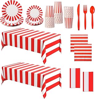 154 Pcs Carnival Table Party Supplies Set Red and White Stripe Tableclot...