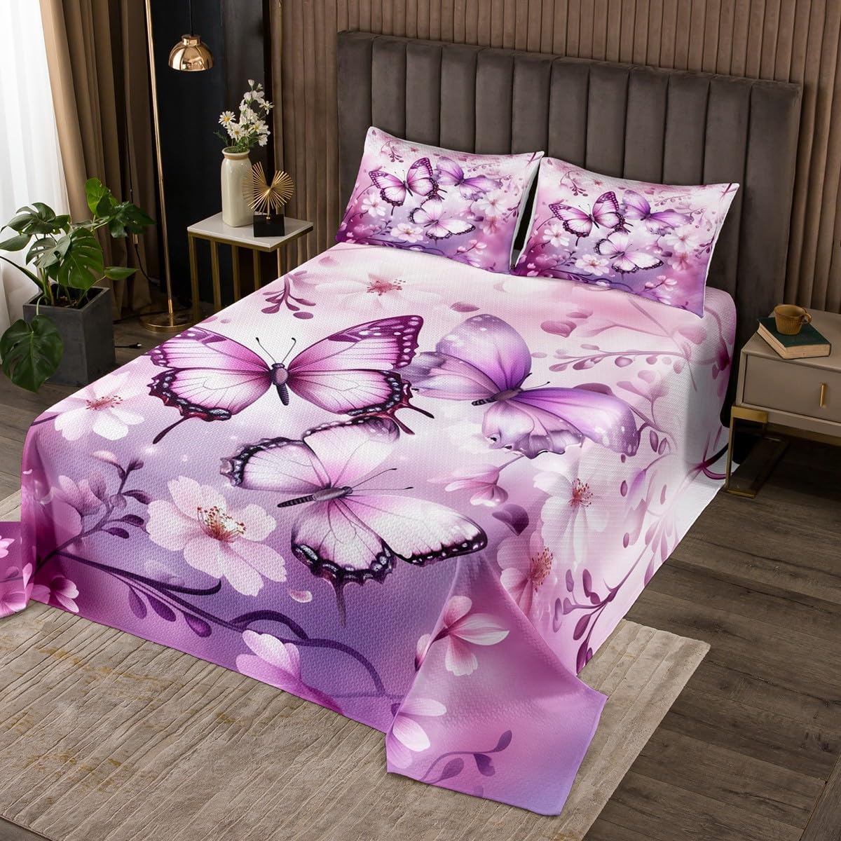 Homewish Butterfly Bedspread Twin Size,Pink Cherry Blossom Bedding Set 2Pcs for Kids Girls Boys Teens Room Decor,Nature Plants Animals Comforter Set Romantic Sweet Style Quilt Coverlet,1 Pillowcase