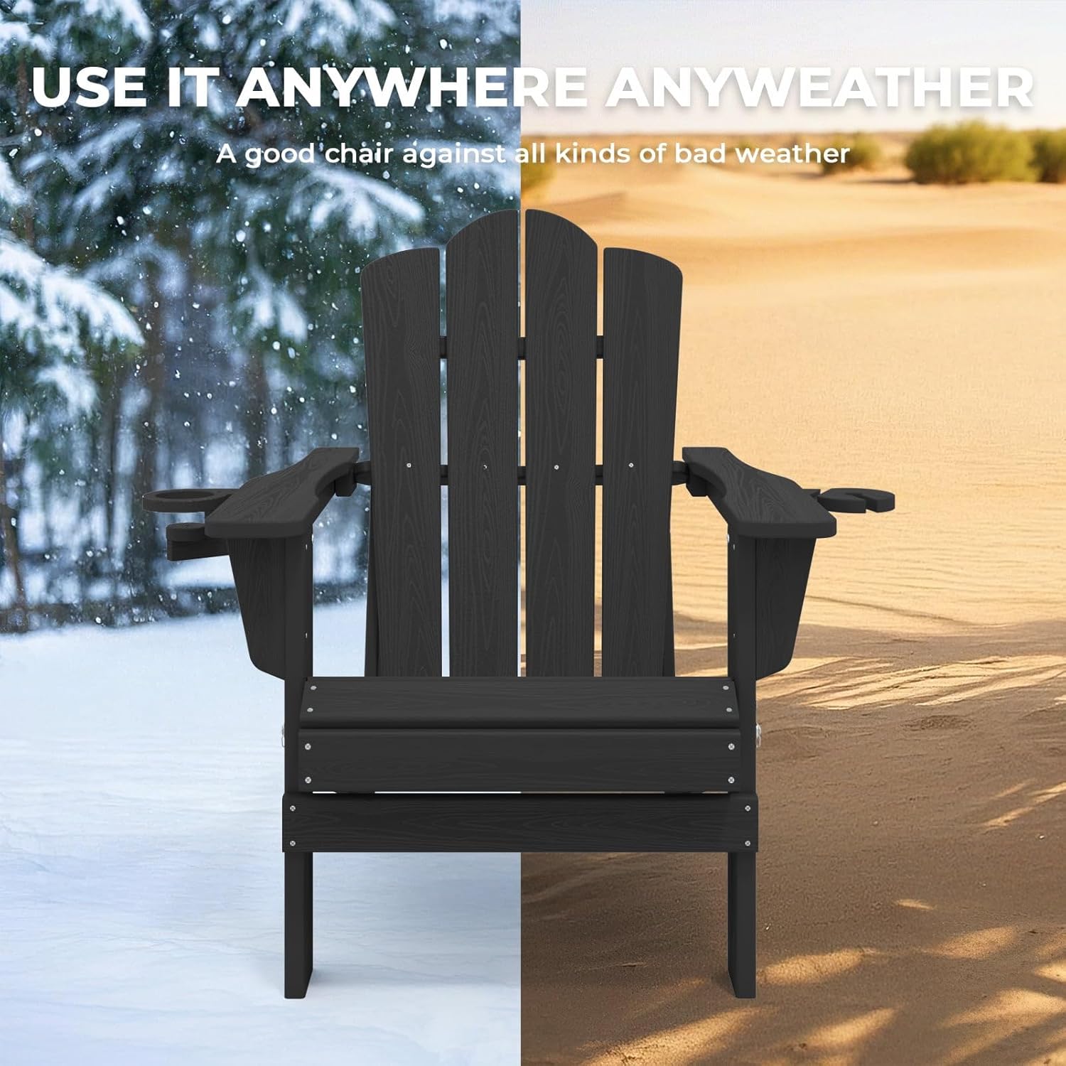 Outdoor Patio Folding HDPE Resin Adirondack Chair with Double Cup Holder, Black