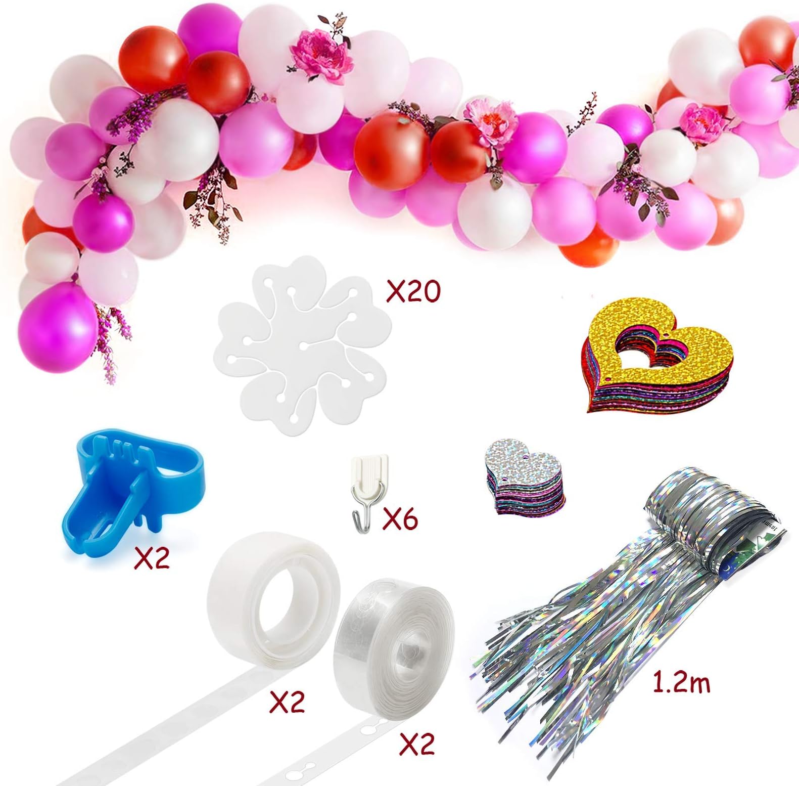 Balloon Arch Kit, HOPOPRO Upgraded Balloon Arch Kit with 32Ft Balloon Tape Strip, 2 Pcs Tying Tool, 200 Dot Glue, 20 Flower Clips, 6 Hooks, Foil Fringe Curtain, 100 Colorful Heart Confetti for Party