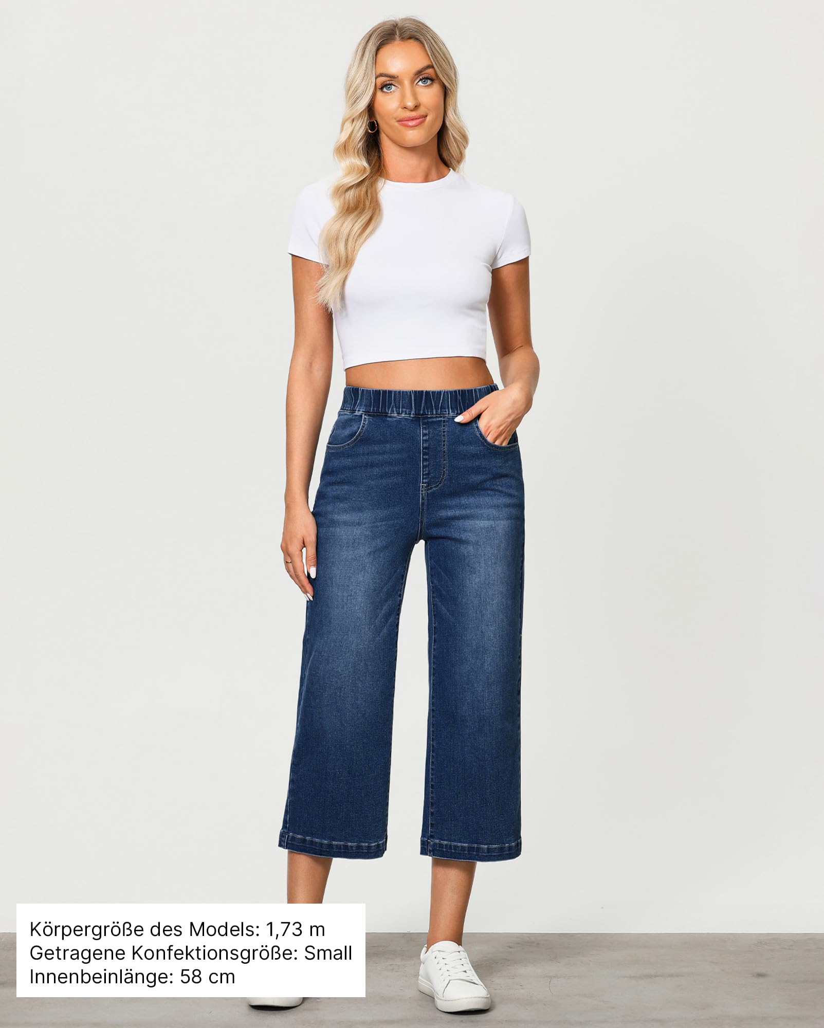 Vetinee Damen Jeans Weites Bein Baggy Hosen mit Gummizug High Waist Stretch Capri Jeans