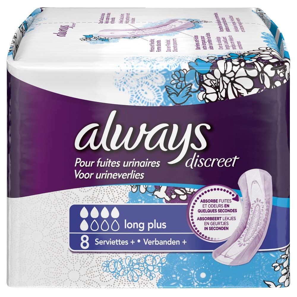 Always Discreet. Compresas largas plus para adultos (incontinencia urinaria), Pack de 2 x 8 unidades
