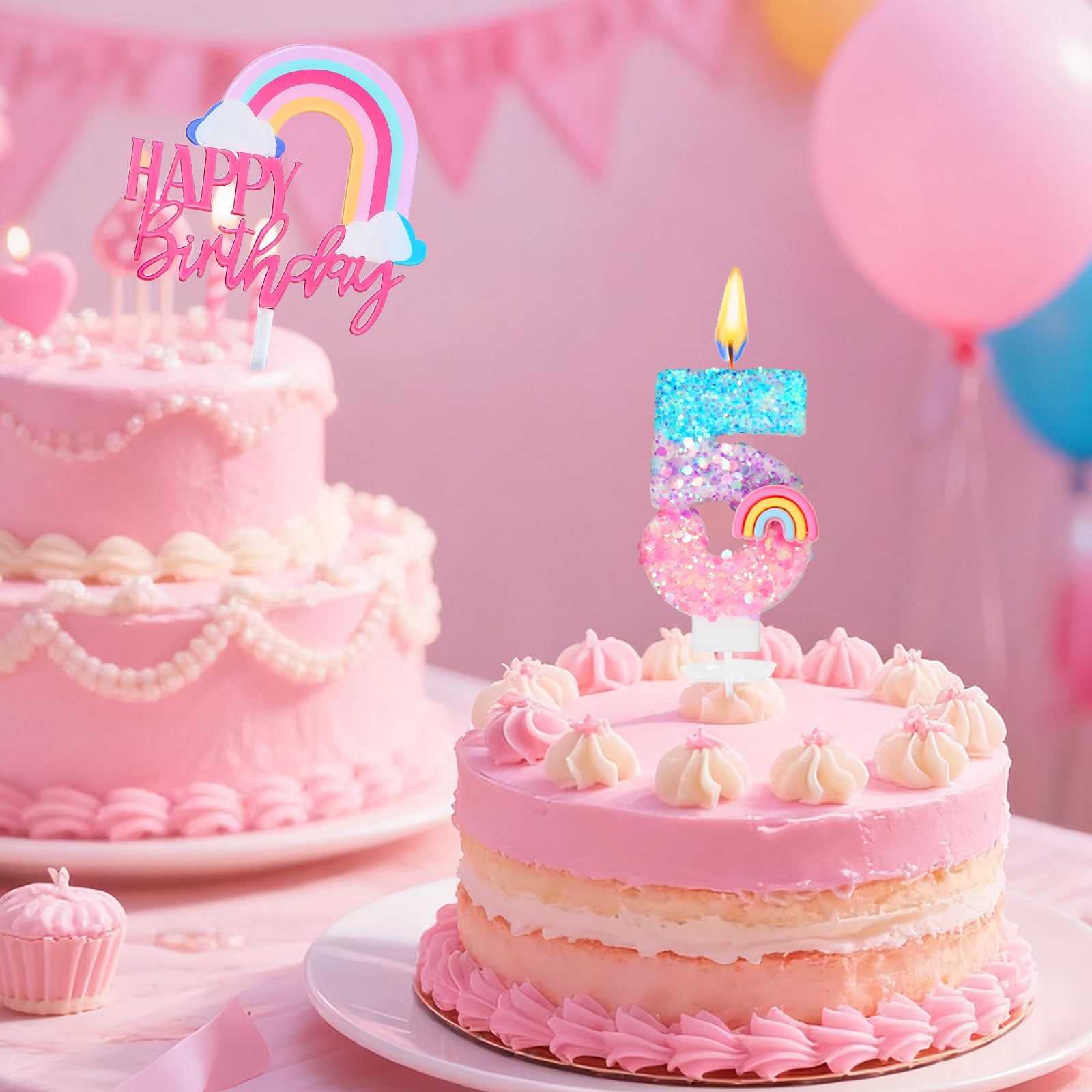 Bougies d'anniversaire Arc-en-ciel 5 Ans 3D Chiffre Fille Décoration Gâteau Enfants