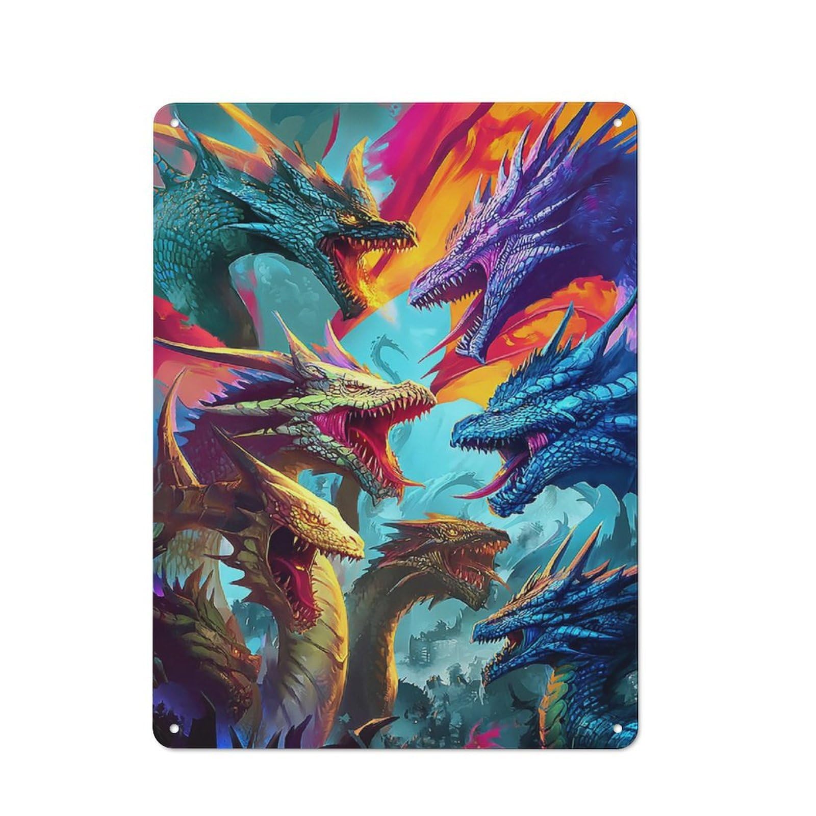 Junmoney Dragons Of Colorful Fantasy Tin Wall Plaque 40X30cm With For Café Or Restaurant, Suited To Restaurant Decor Fans